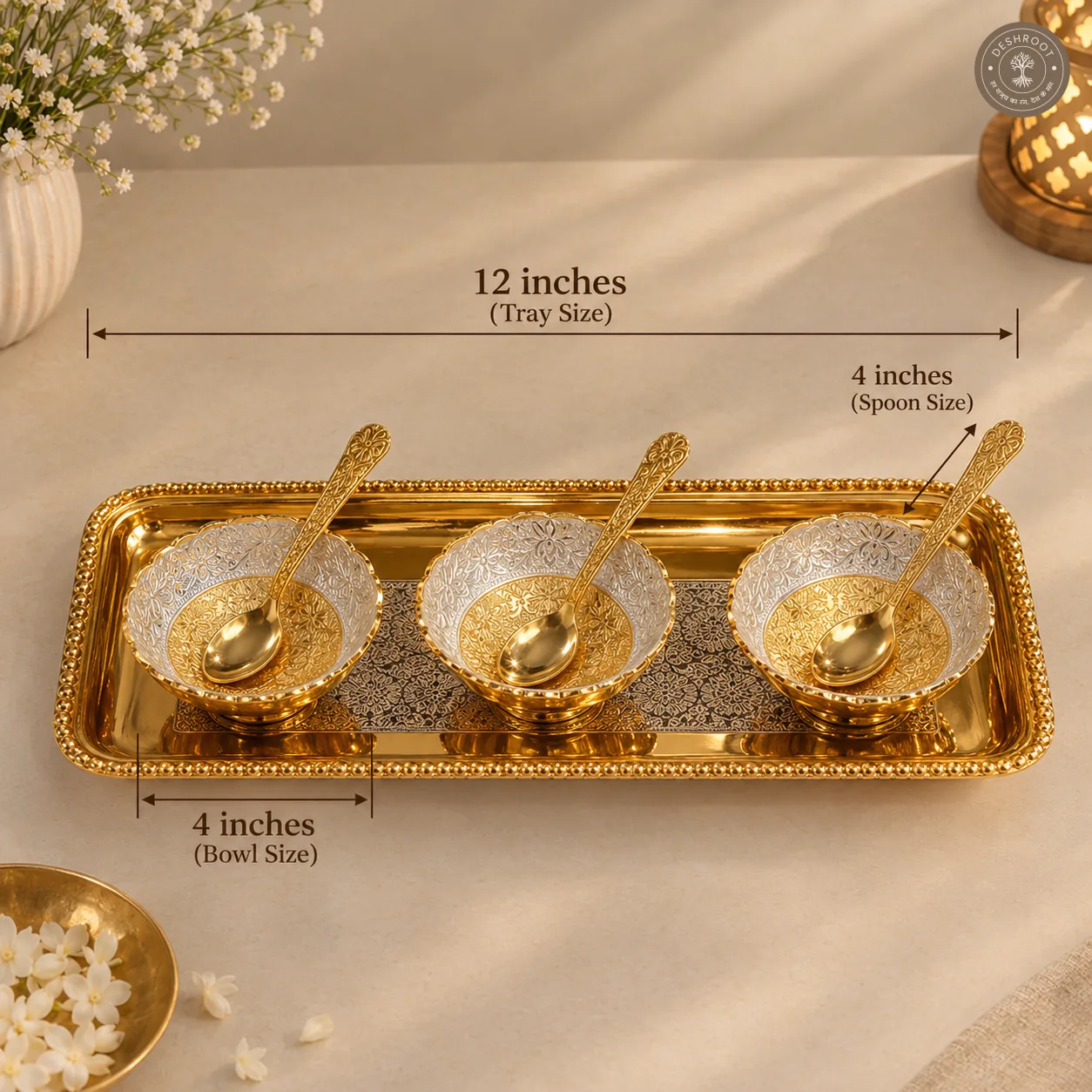 Golden Decorative Bowl Gift Set with 12 Inch Tray and Spoons