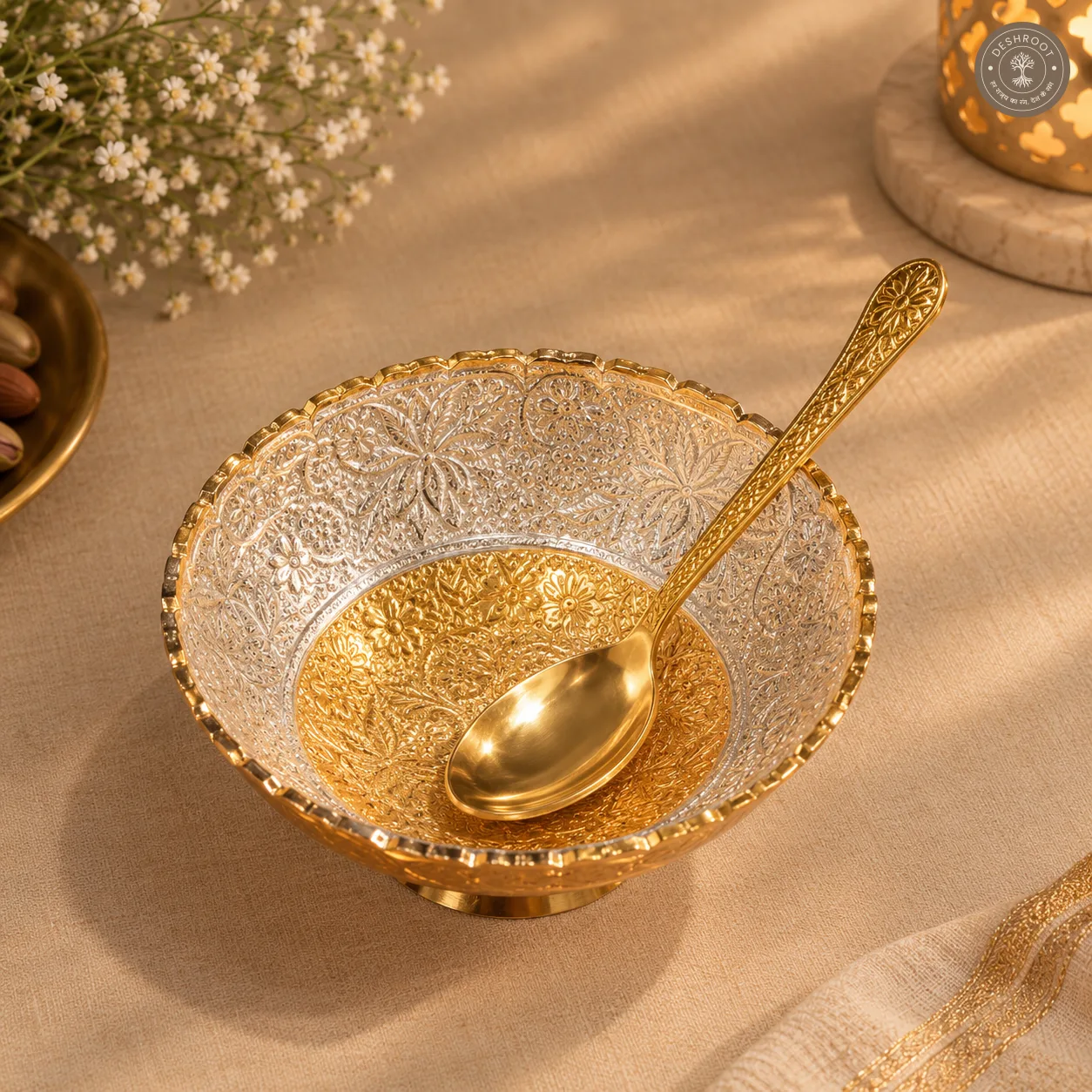 Golden Decorative Bowl Gift Set with 12 Inch Tray and Spoons