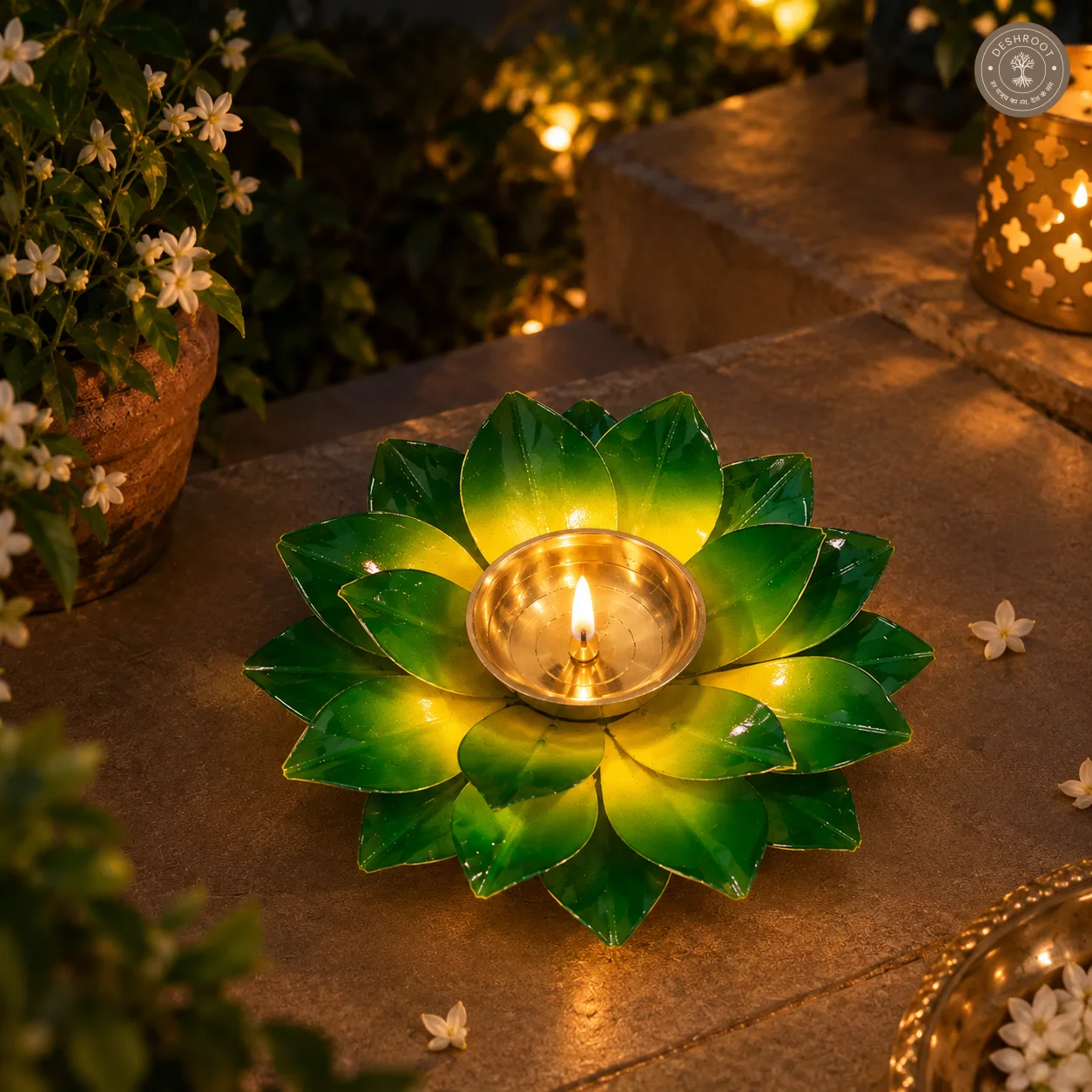 Green Lotus Diya Holder with Box