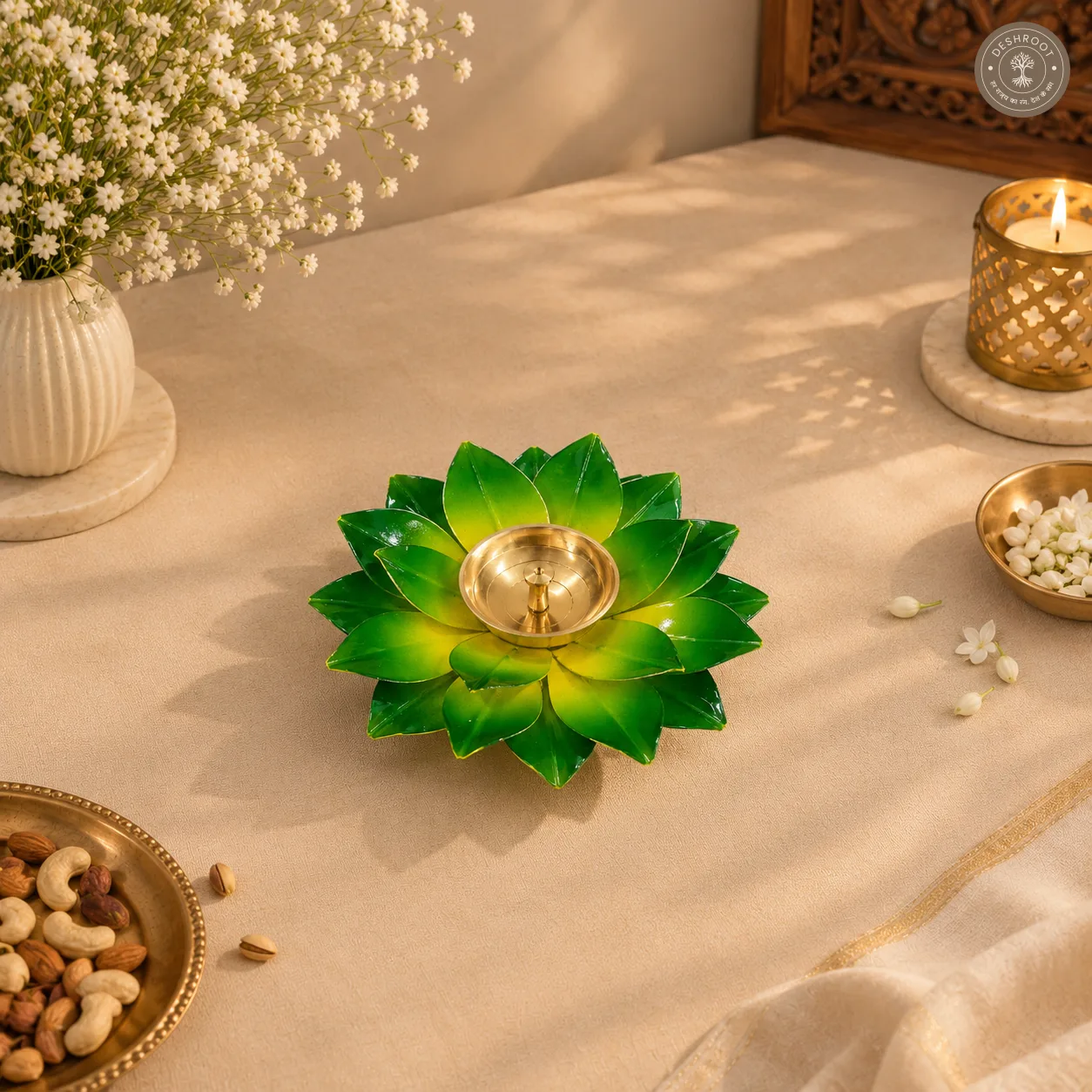 Green Lotus Diya Holder with Box