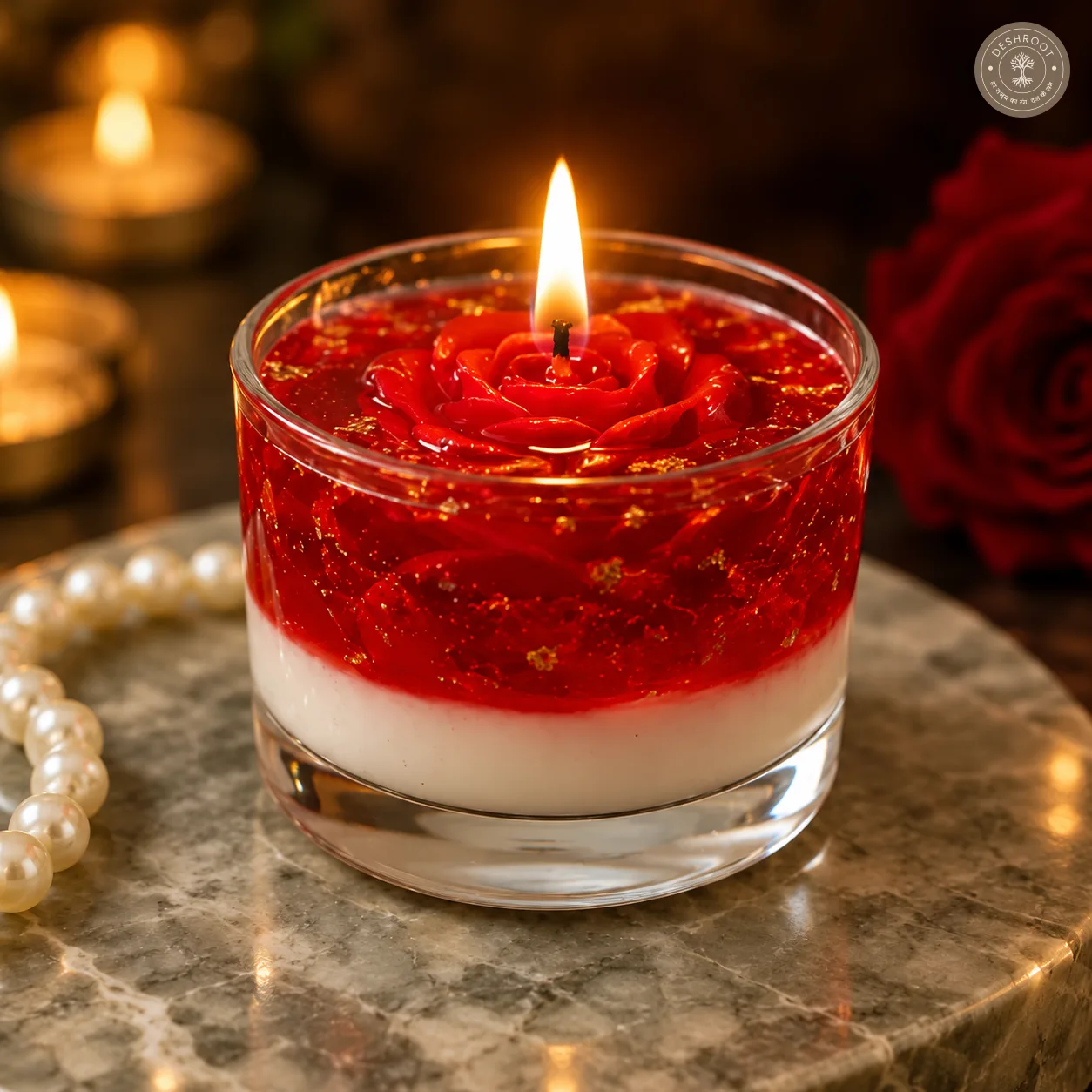 Luxury Rose Gel Candle - Handcrafted Decorative Scented Candle in Glass Cup with Gold Flake