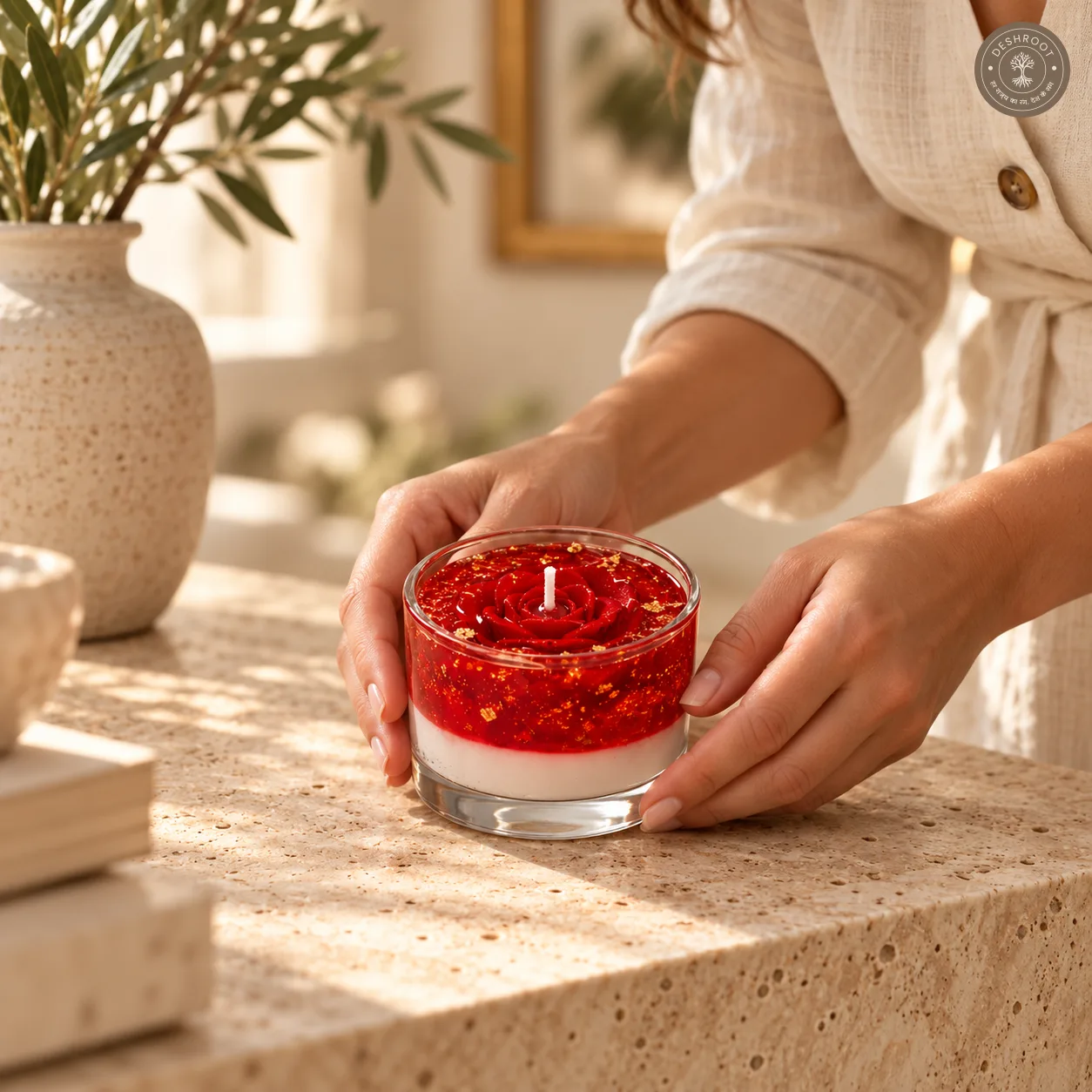 Luxury Rose Gel Candle - Handcrafted Decorative Scented Candle in Glass Cup with Gold Flake