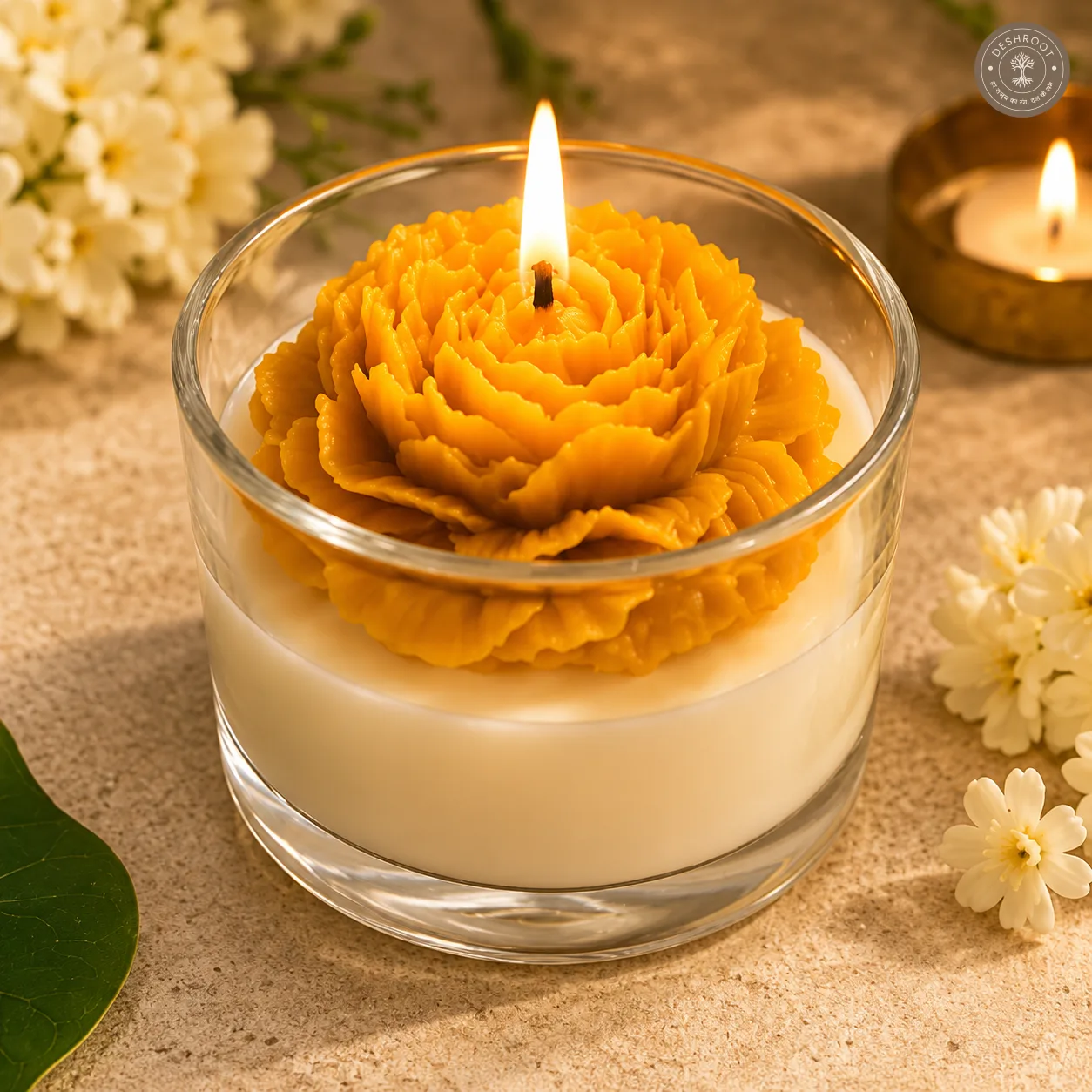 Yellow Peony Flower Scented Jar Candle - Decorative Floral Glass Candle