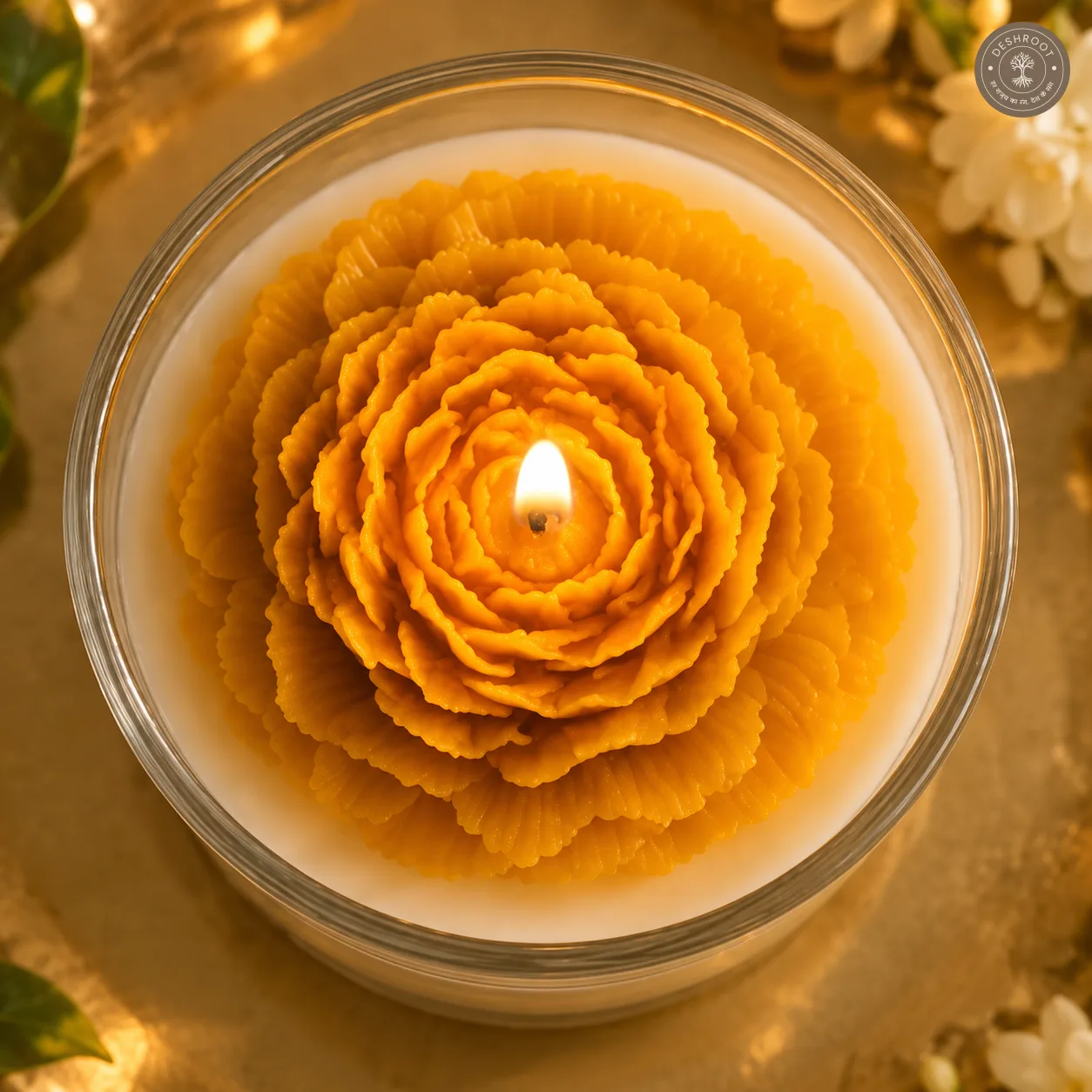 Yellow Peony Flower Scented Jar Candle - Decorative Floral Glass Candle