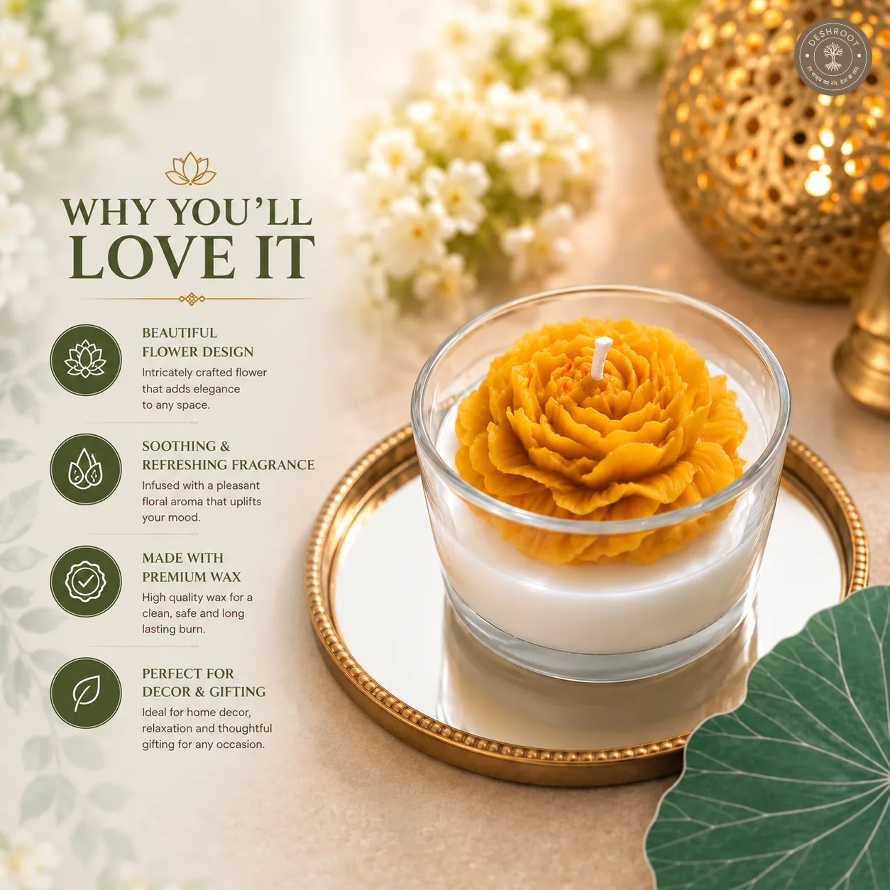 Yellow Peony Flower Scented Jar Candle - Decorative Floral Glass Candle