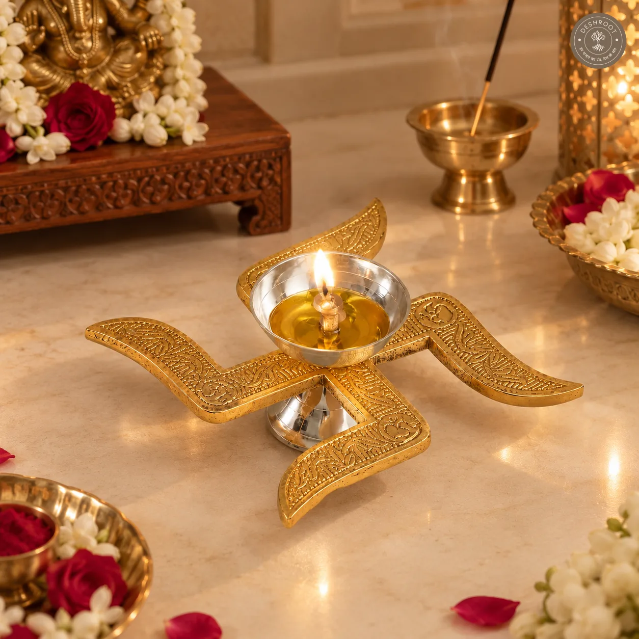 Golden Swastik Decorative Diya for Pooja