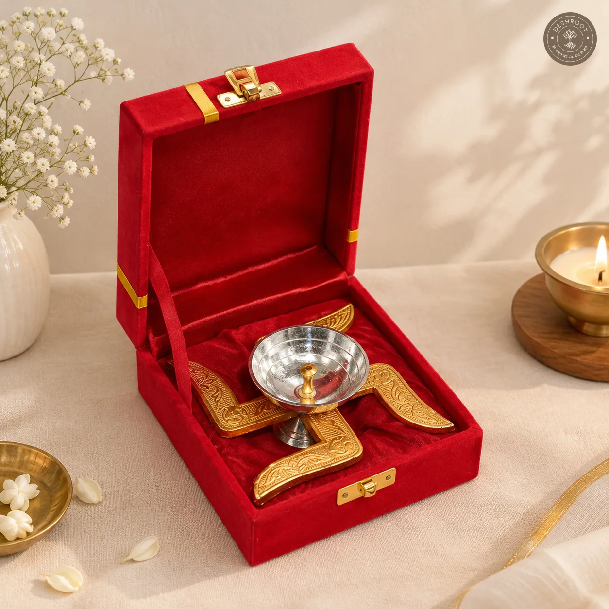Golden Swastik Decorative Diya for Pooja