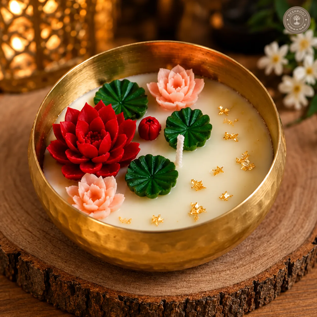 Timeless Elegance Handmade Brass Urli Candle with Floral Design – Hammered Decorative Urli with Wax Flowers