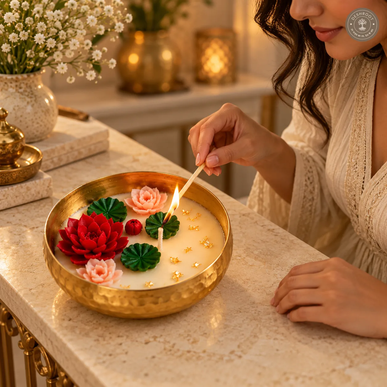 Timeless Elegance Handmade Brass Urli Candle with Floral Design – Hammered Decorative Urli with Wax Flowers