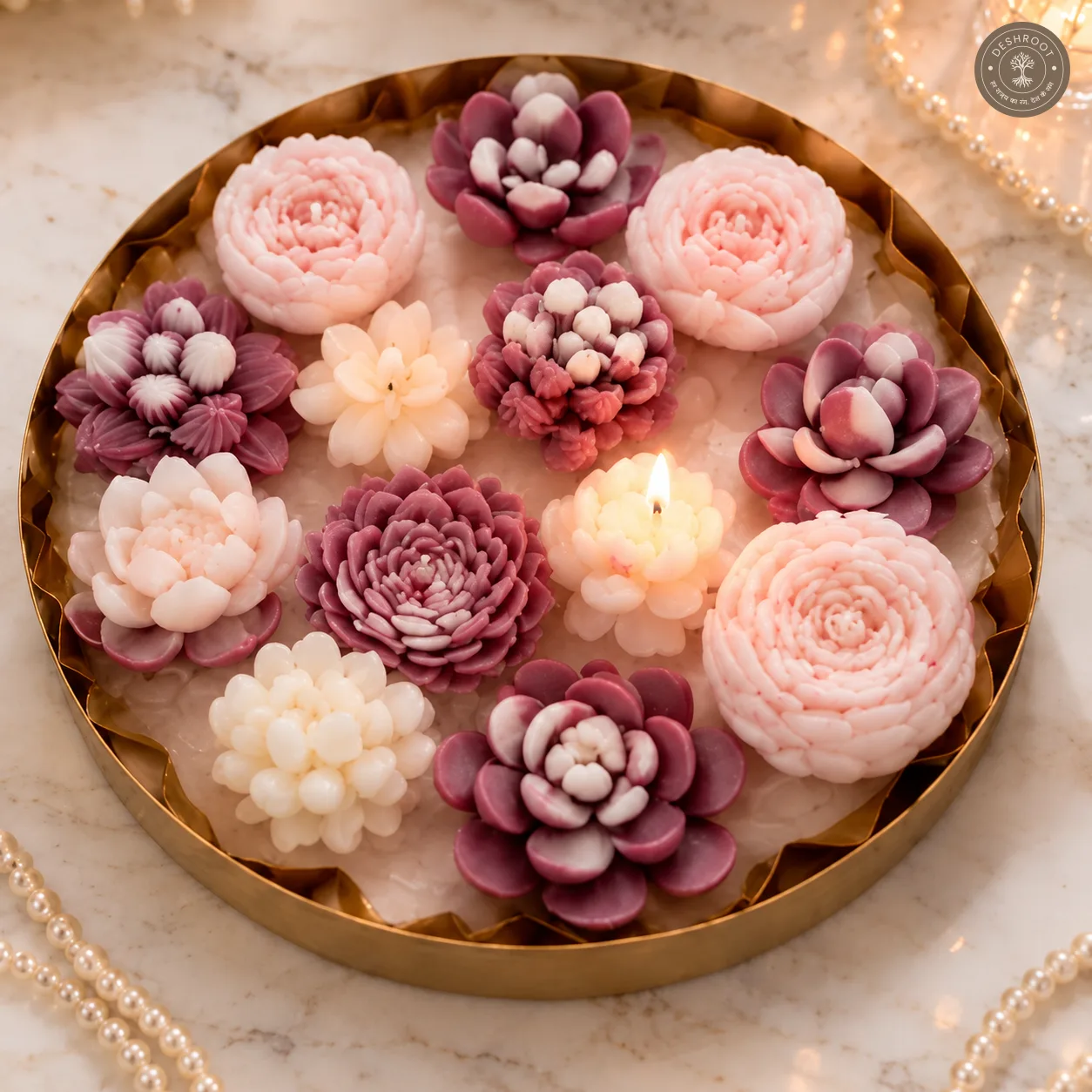 Handcrafted Floral Urli Candle – Decorative Wax Bowl with Rose & Lotus Design