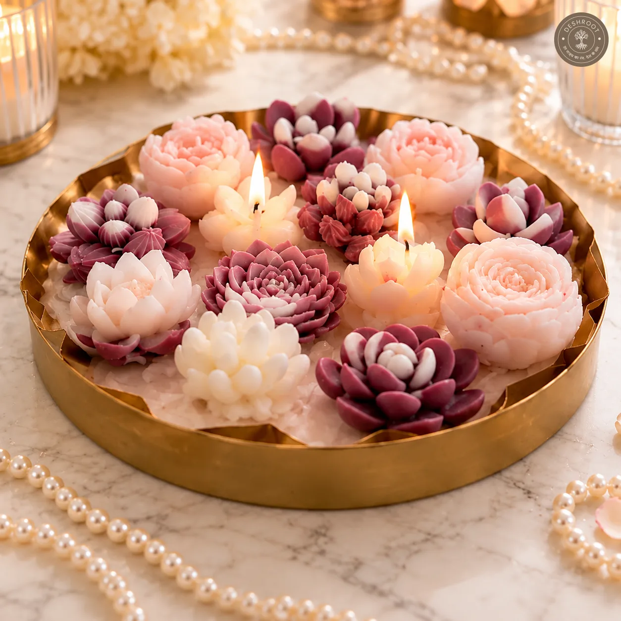 Handcrafted Floral Urli Candle – Decorative Wax Bowl with Rose & Lotus Design