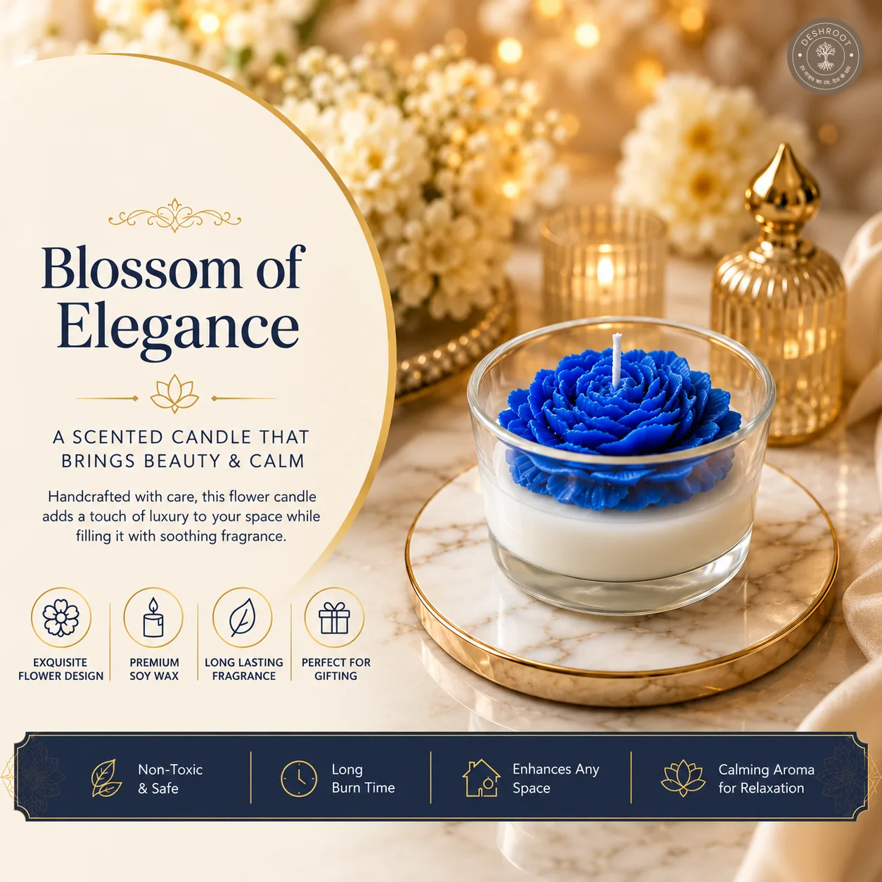 Blue Blossom Scented Candle in Glass Jar – Premium Decorative Floral Candle