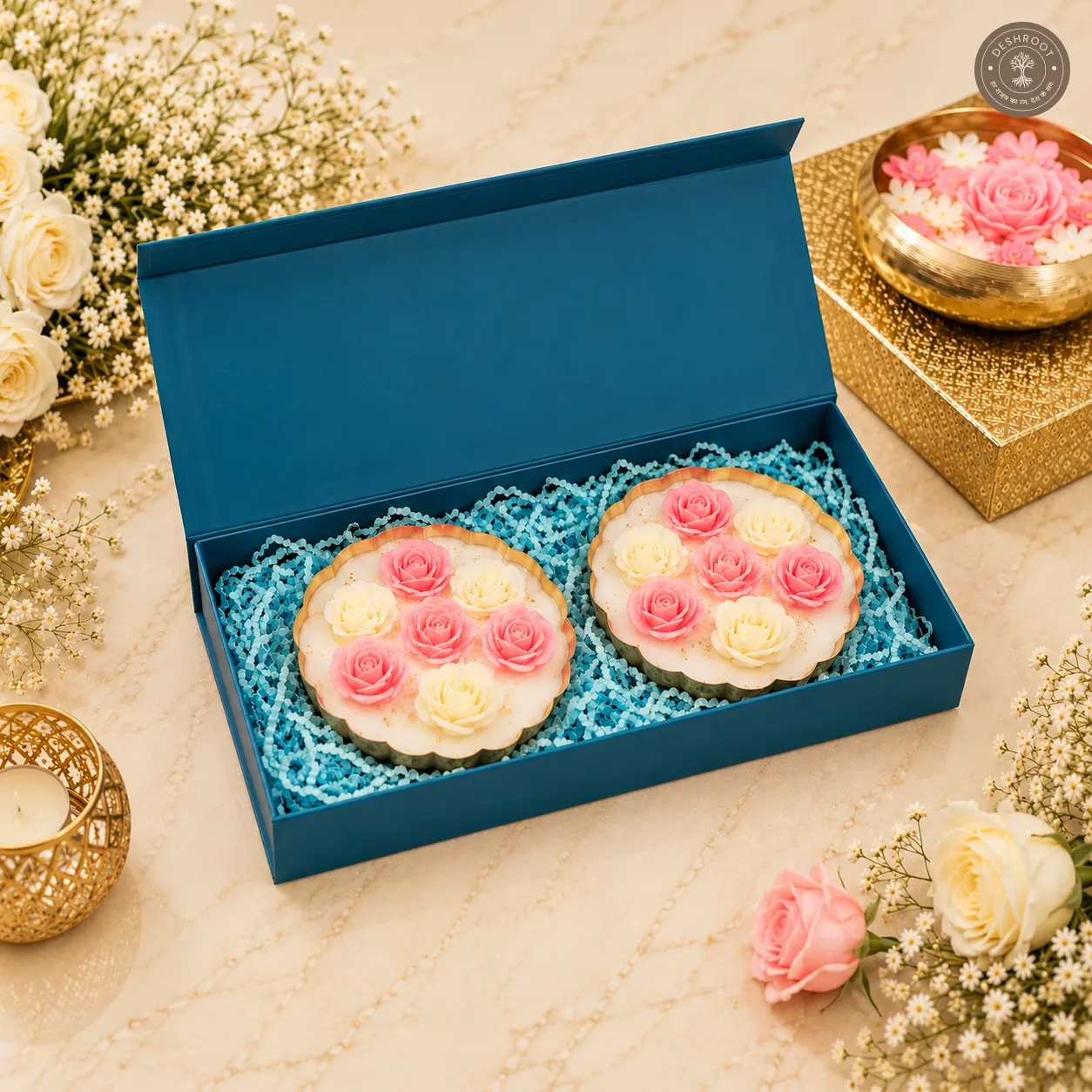 Luxury Rose Flower Candle Gift Set of 2 - Decorative Floral Scented Candles in Premium Gift Box
