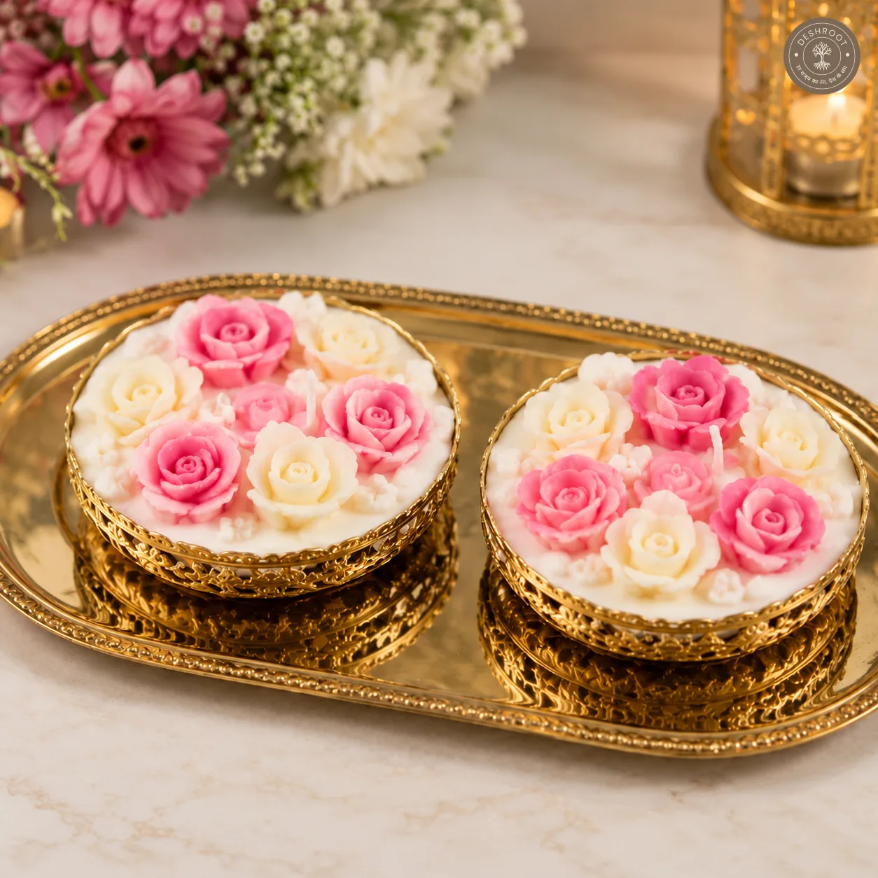 Luxury Rose Flower Candle Gift Set of 2 - Decorative Floral Scented Candles in Premium Gift Box
