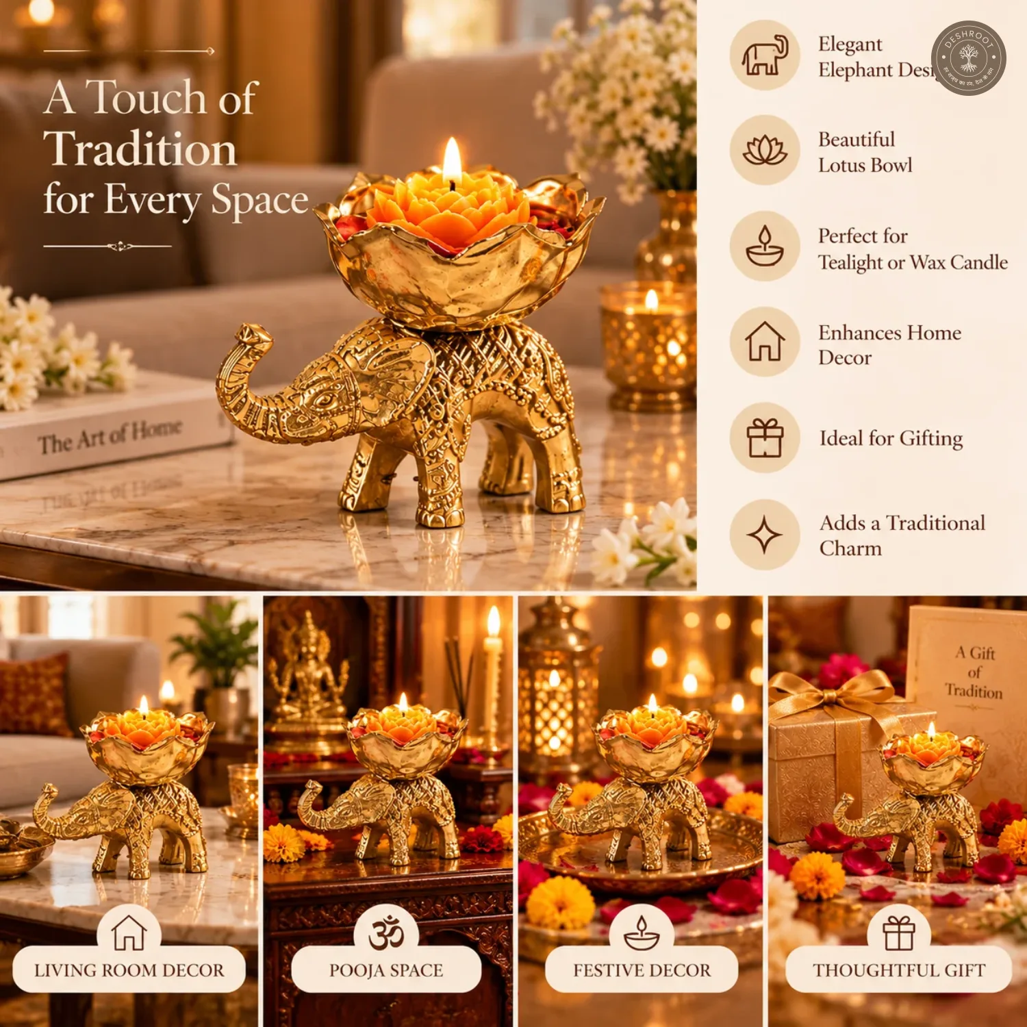 Timeless Elegance Brass Elephant Urli Candle Holder with Floral Wax Design – Decorative Diya Bowl for Diwali, Pooja, Home Decor & Housewarming Gifts (10 cm x 10 cm, 100g)
