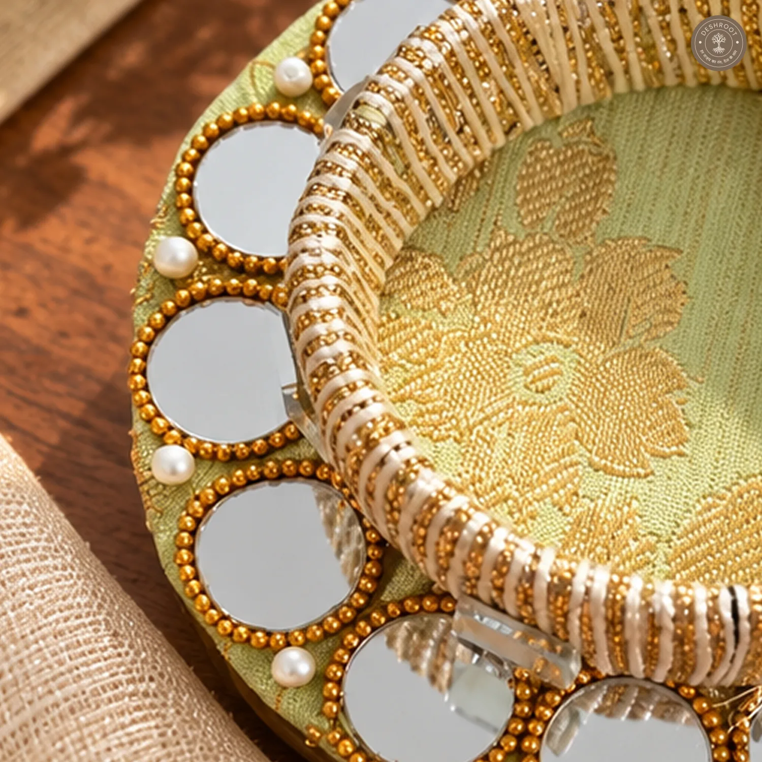 Round Mirror Gold Bead Tea Light Holder