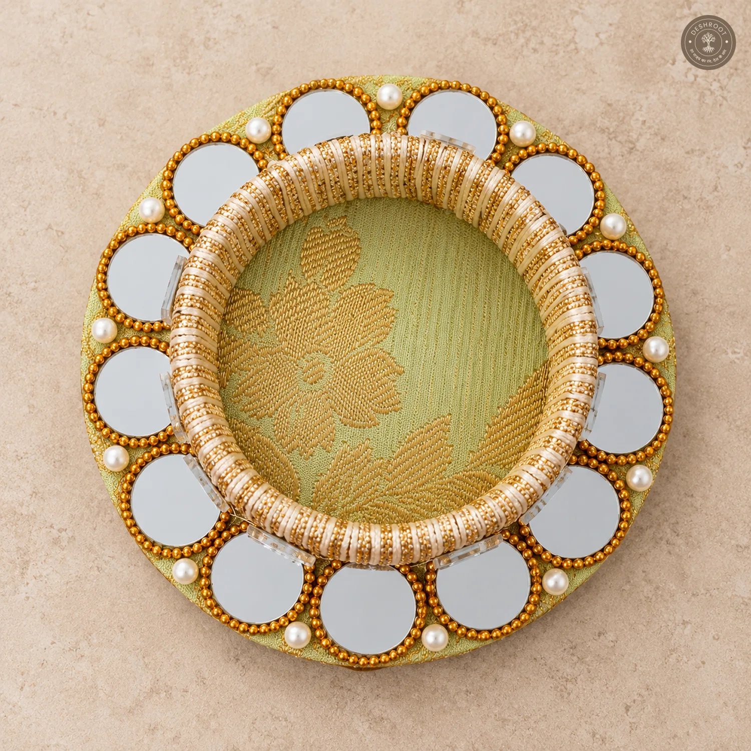 Round Mirror Gold Bead Tea Light Holder