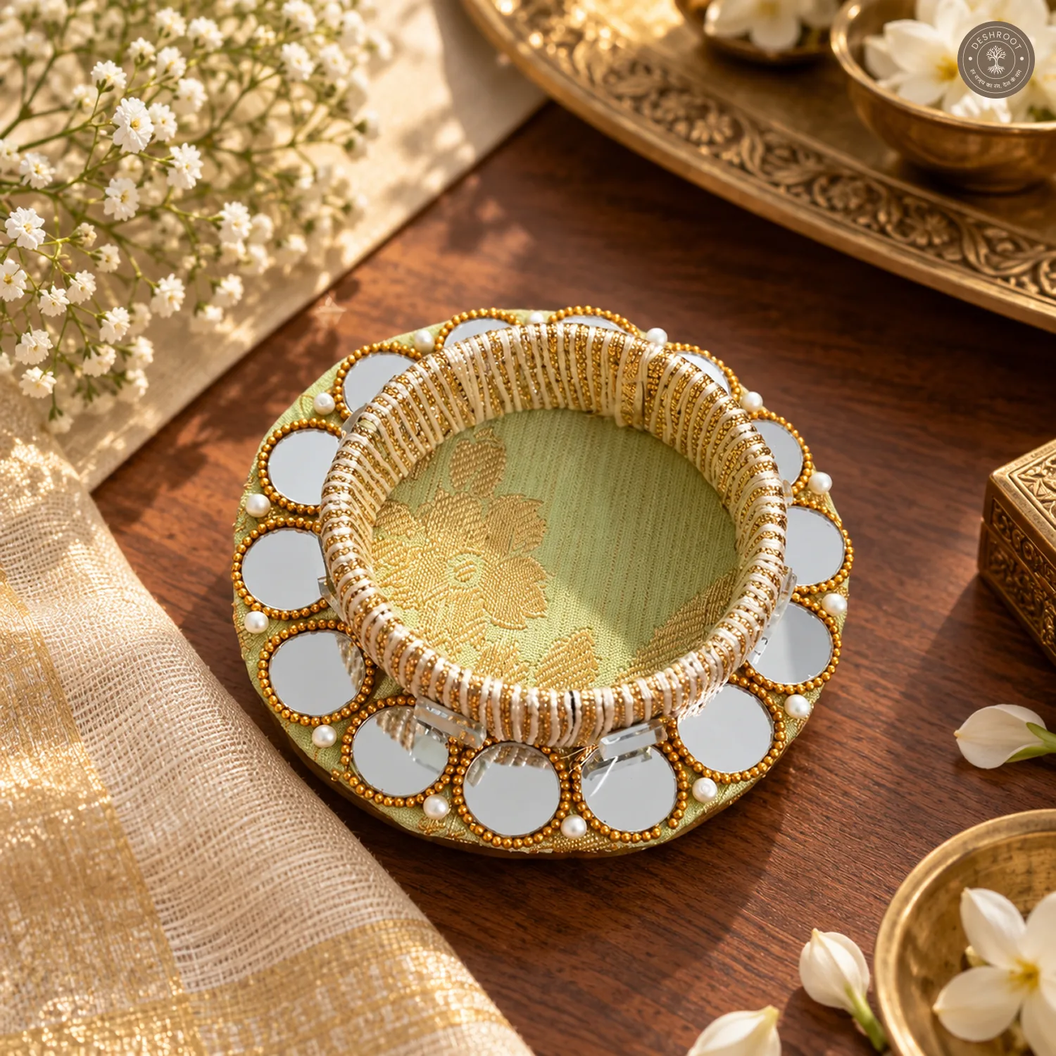 Round Mirror Gold Bead Tea Light Holder