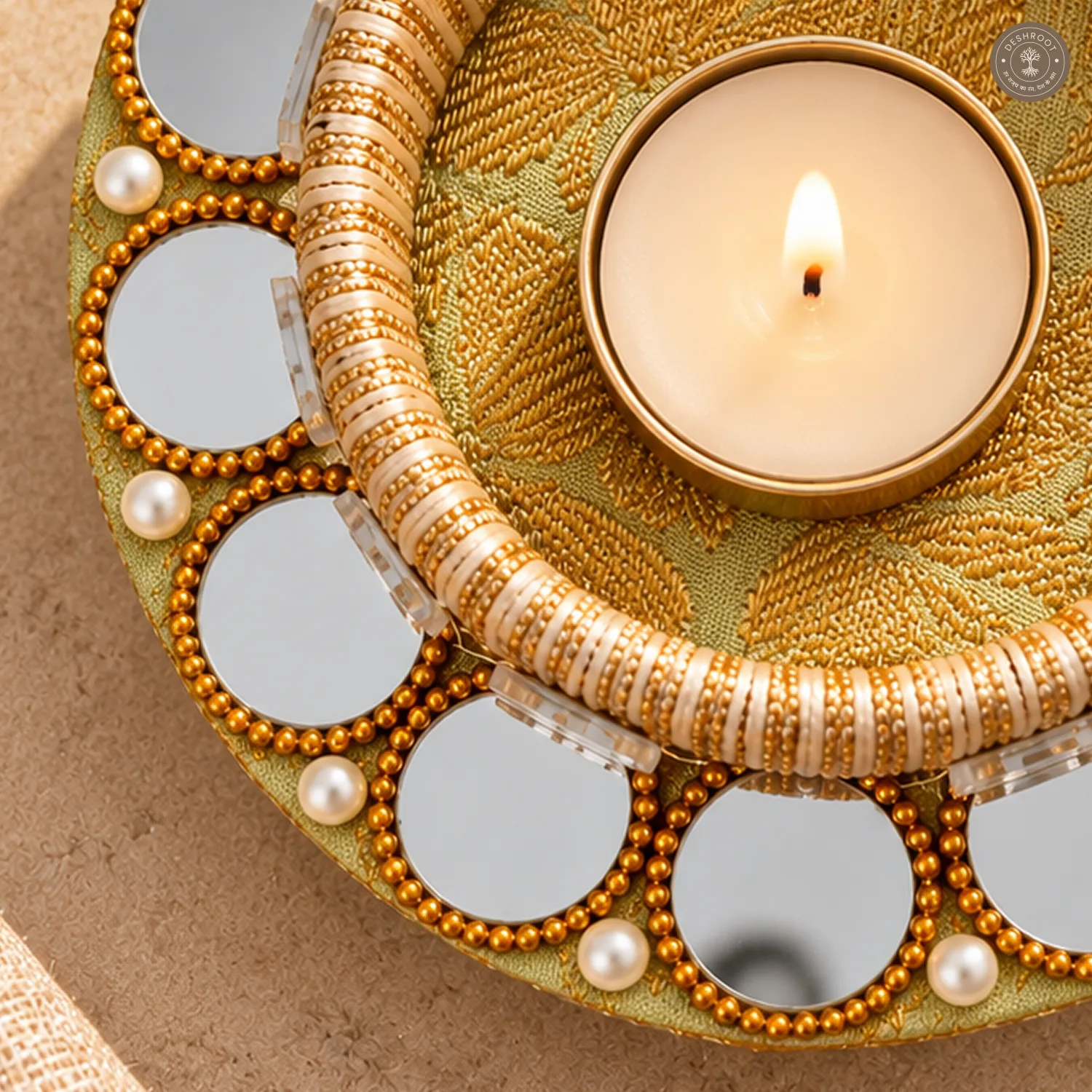Round Mirror Gold Bead Tea Light Holder