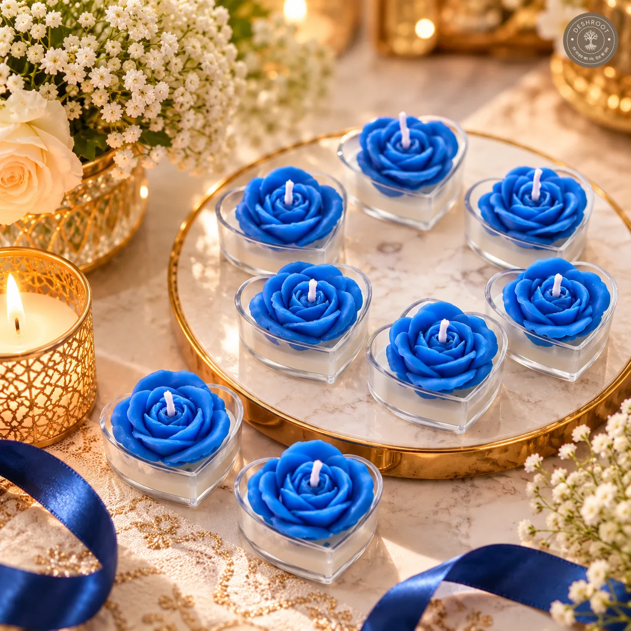 Royal Blue Rose Heart Tealight Candles – Luxury Scented Gift Set