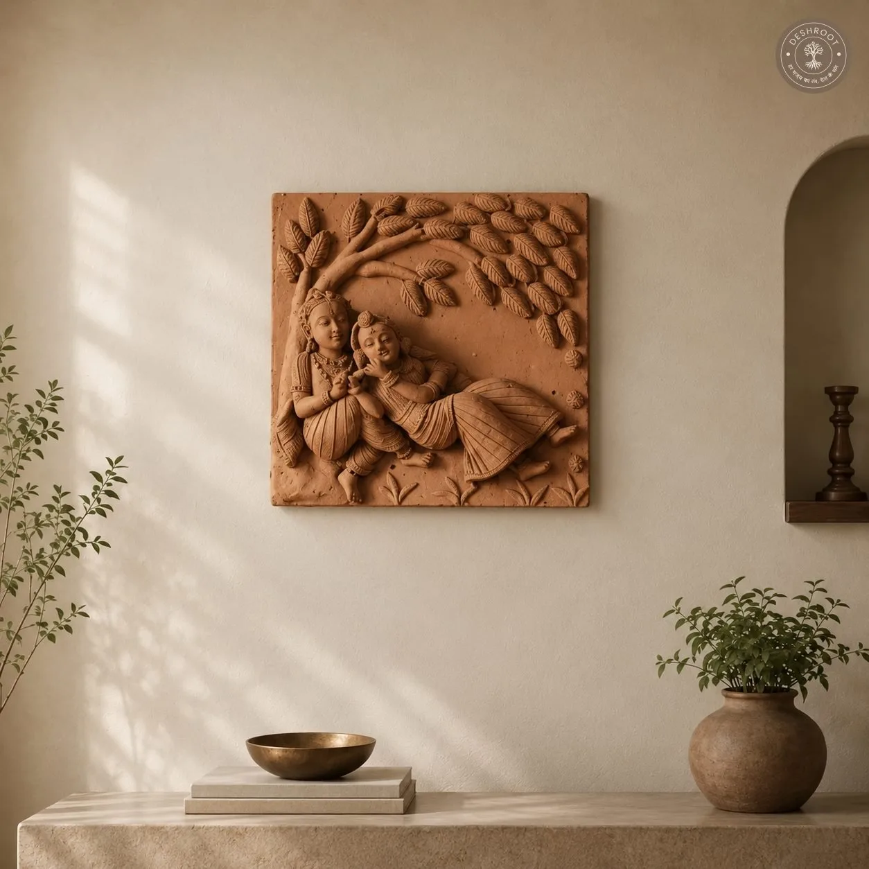 Rajasthani Handcrafted Terracotta Radha Krishna Wall Panel – Traditional Divine Couple Sculpture with Intricate Leaf Motifs for Home Décor