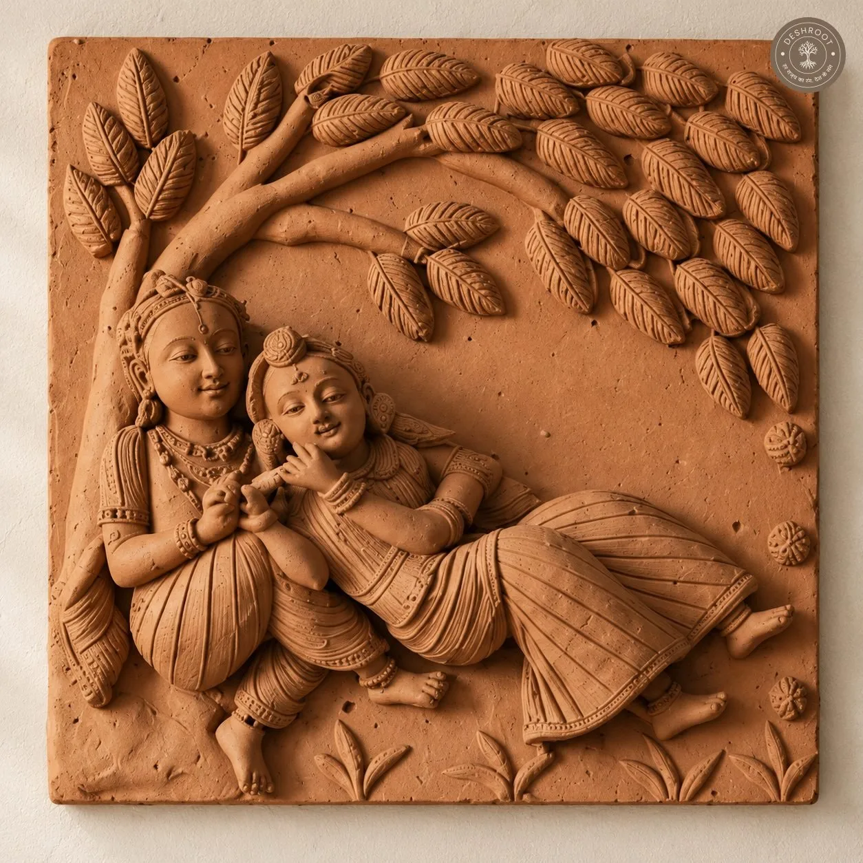 Rajasthani Handcrafted Terracotta Radha Krishna Wall Panel – Traditional Divine Couple Sculpture with Intricate Leaf Motifs for Home Décor