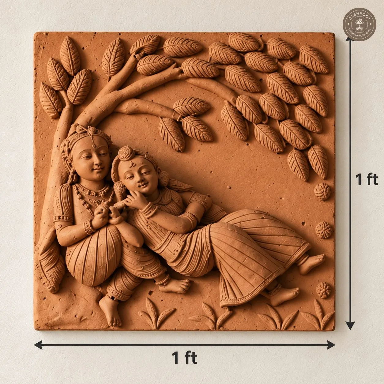 Rajasthani Handcrafted Terracotta Radha Krishna Wall Panel – Traditional Divine Couple Sculpture with Intricate Leaf Motifs for Home Décor