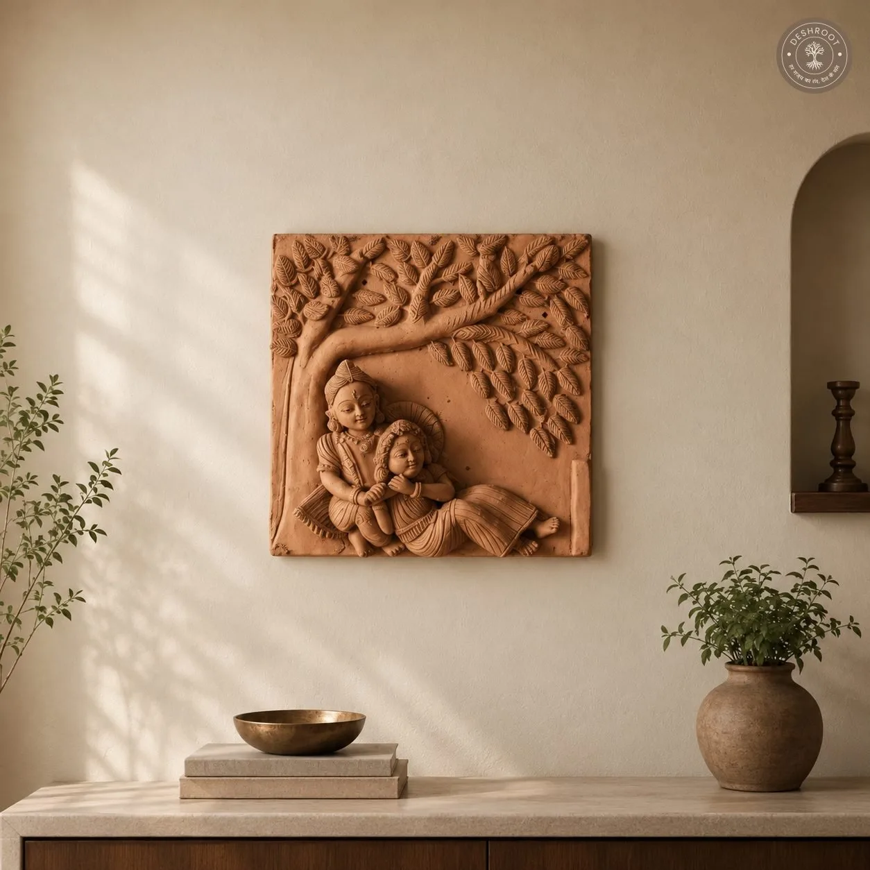 Rajasthani Handcrafted Terracotta Radha Krishna Wall Panel – Traditional Divine Couple Sculpture Under a Tree for Home Décor, Pooja Room & Gifting