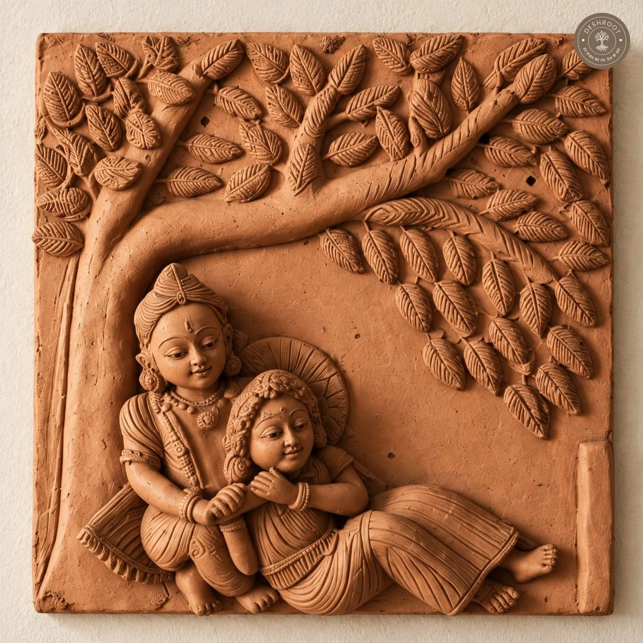 Rajasthani Handcrafted Terracotta Radha Krishna Wall Panel – Traditional Divine Couple Sculpture Under a Tree for Home Décor, Pooja Room & Gifting