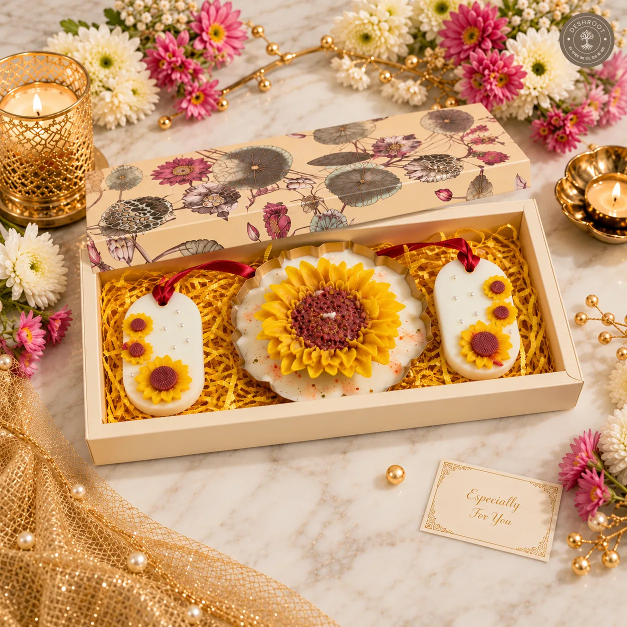 Luxury Sunflower Candle Gift Hamper with 2 Floral Wax Sachets