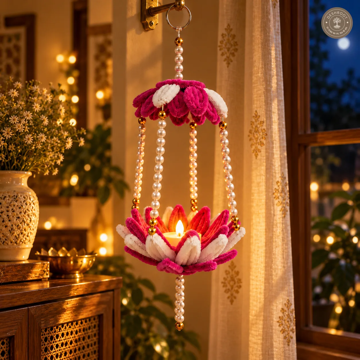 Handmade Diwali Hanging Lamp Holder with Pearl Beads | Pink & White Floral Decorative LED Light Holder