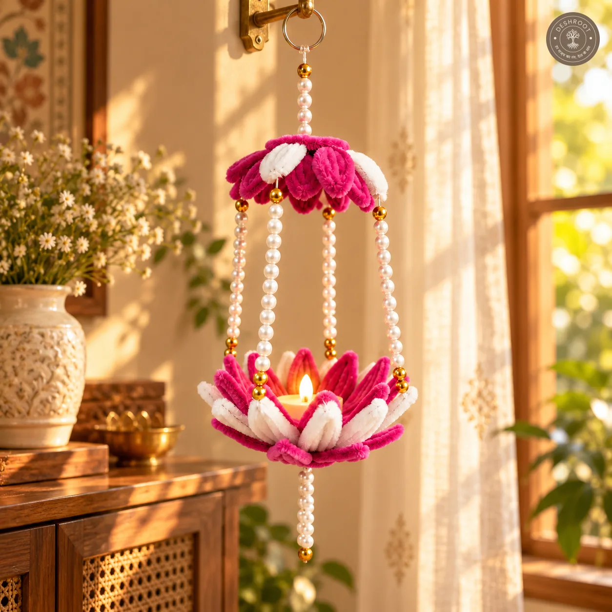 Handmade Diwali Hanging Lamp Holder with Pearl Beads | Pink & White Floral Decorative LED Light Holder