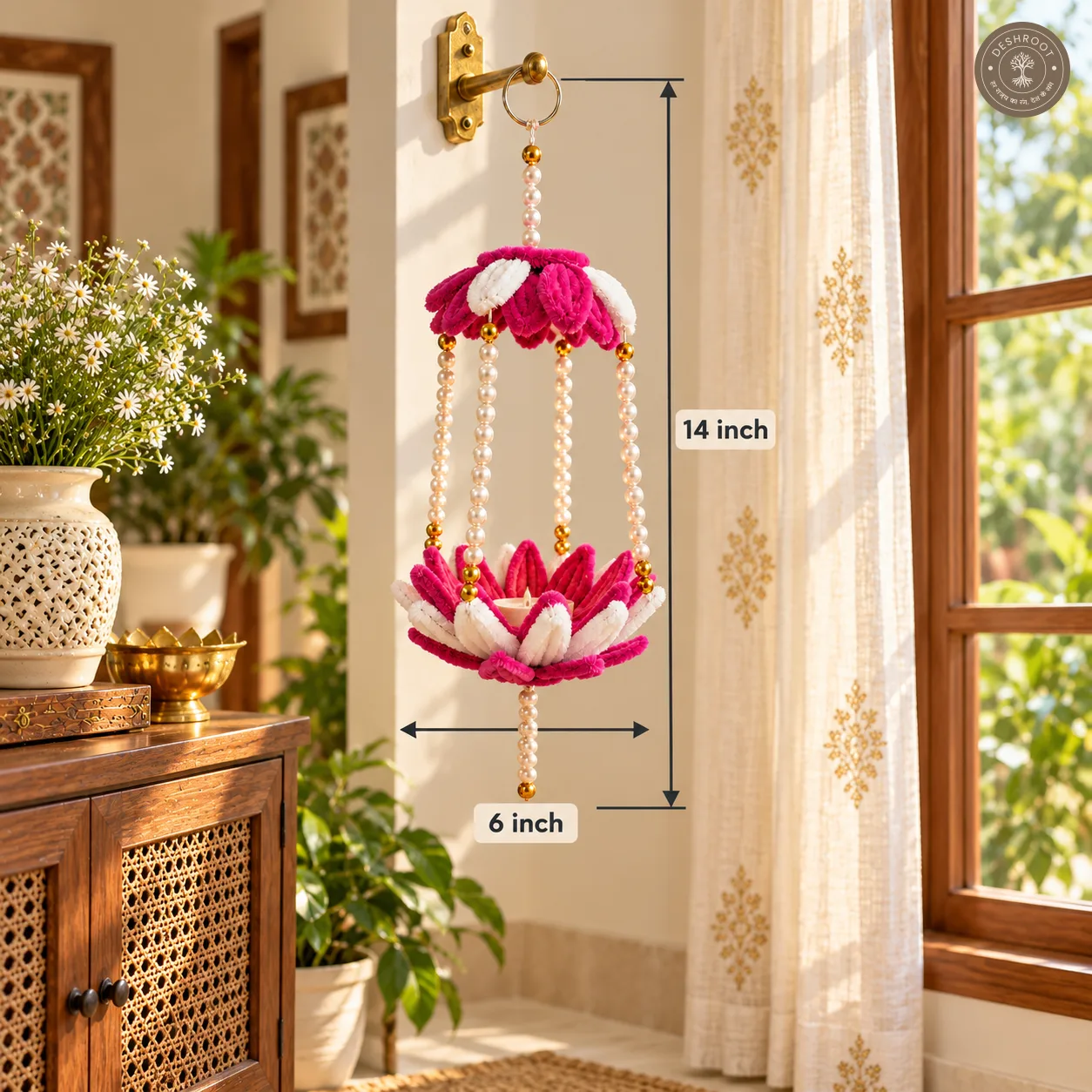 Handmade Diwali Hanging Lamp Holder with Pearl Beads | Pink & White Floral Decorative LED Light Holder