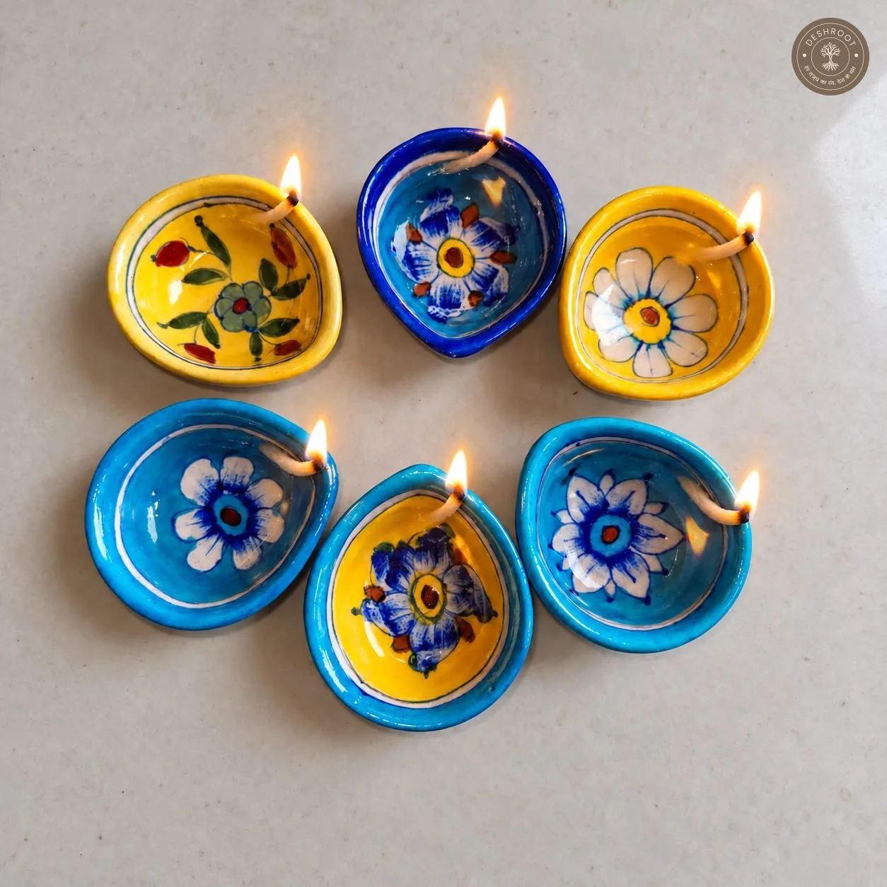 Handcrafted Ceramic Diya Set of 6 – Multicolour Floral Painted Clay Oil Lamps in Blue and Yellow