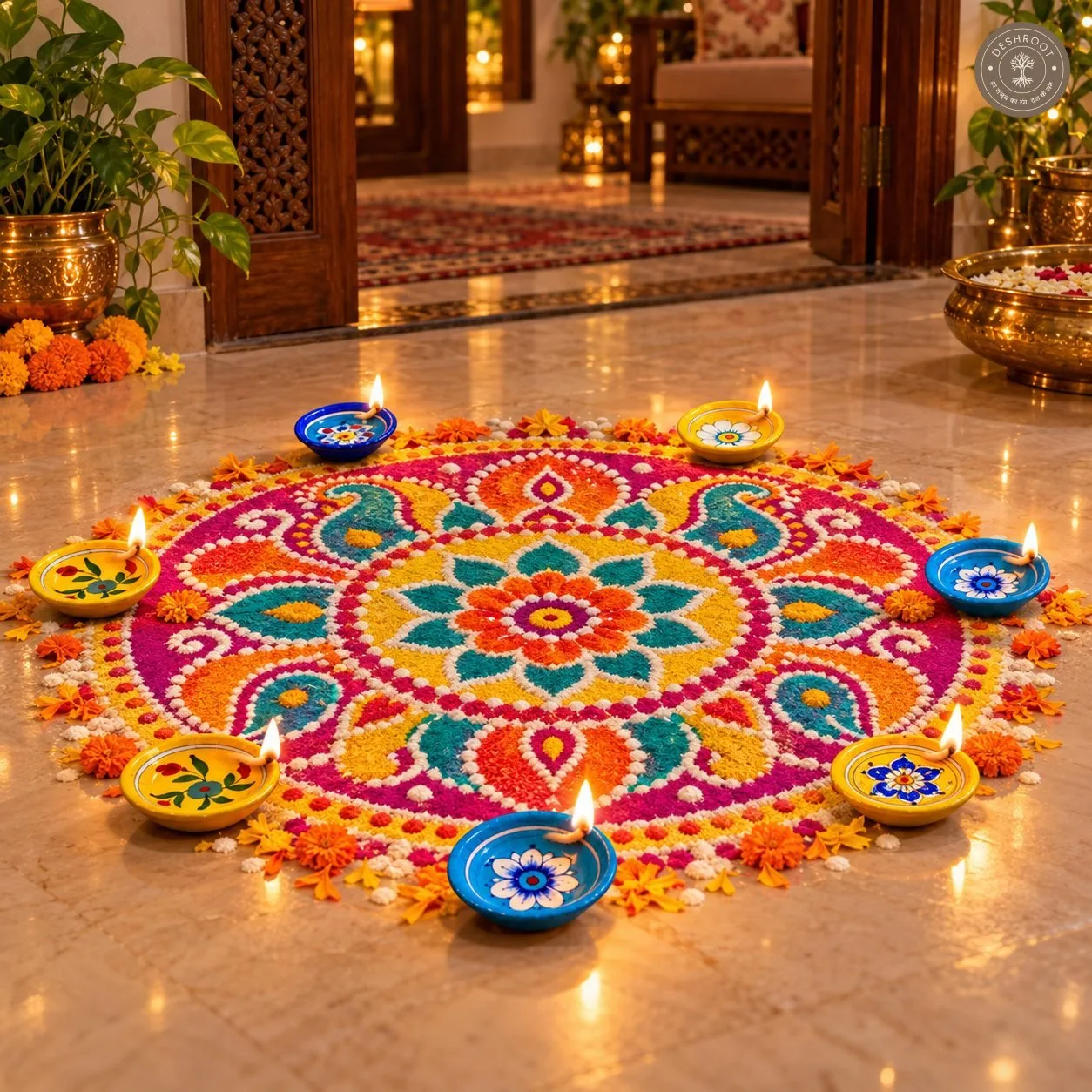Handcrafted Ceramic Diya Set of 6 – Multicolour Floral Painted Clay Oil Lamps in Blue and Yellow