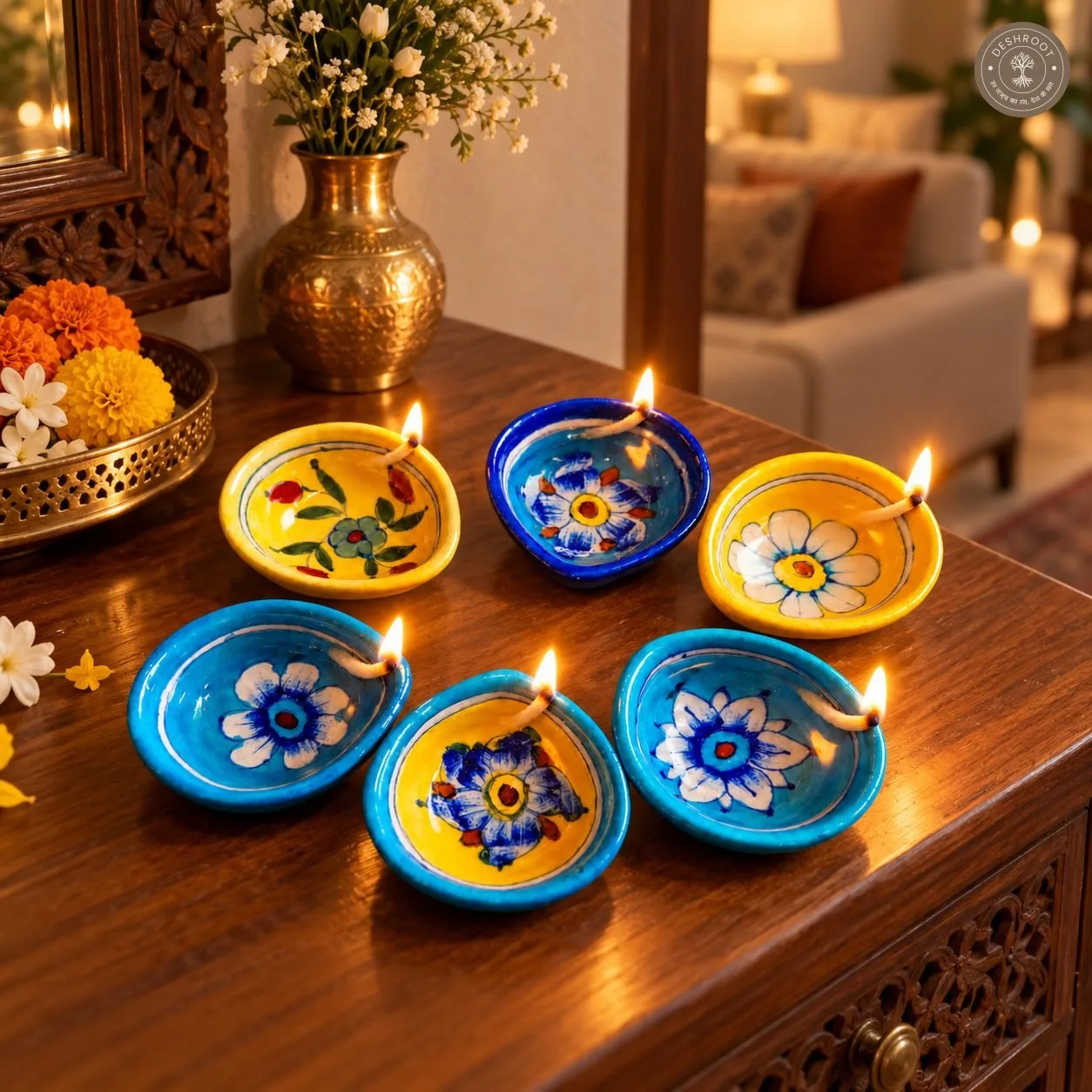 Handcrafted Ceramic Diya Set of 6 – Multicolour Floral Painted Clay Oil Lamps in Blue and Yellow
