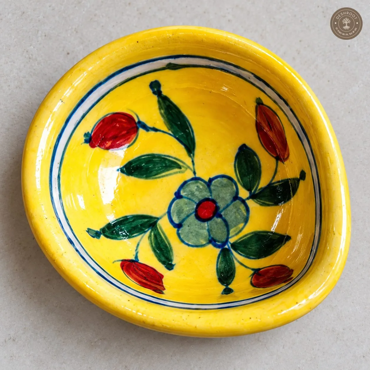 Handcrafted Ceramic Diya Set of 6 – Multicolour Floral Painted Clay Oil Lamps in Blue and Yellow