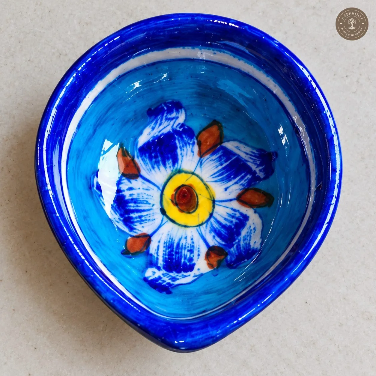 Handcrafted Ceramic Diya Set of 6 – Multicolour Floral Painted Clay Oil Lamps in Blue and Yellow