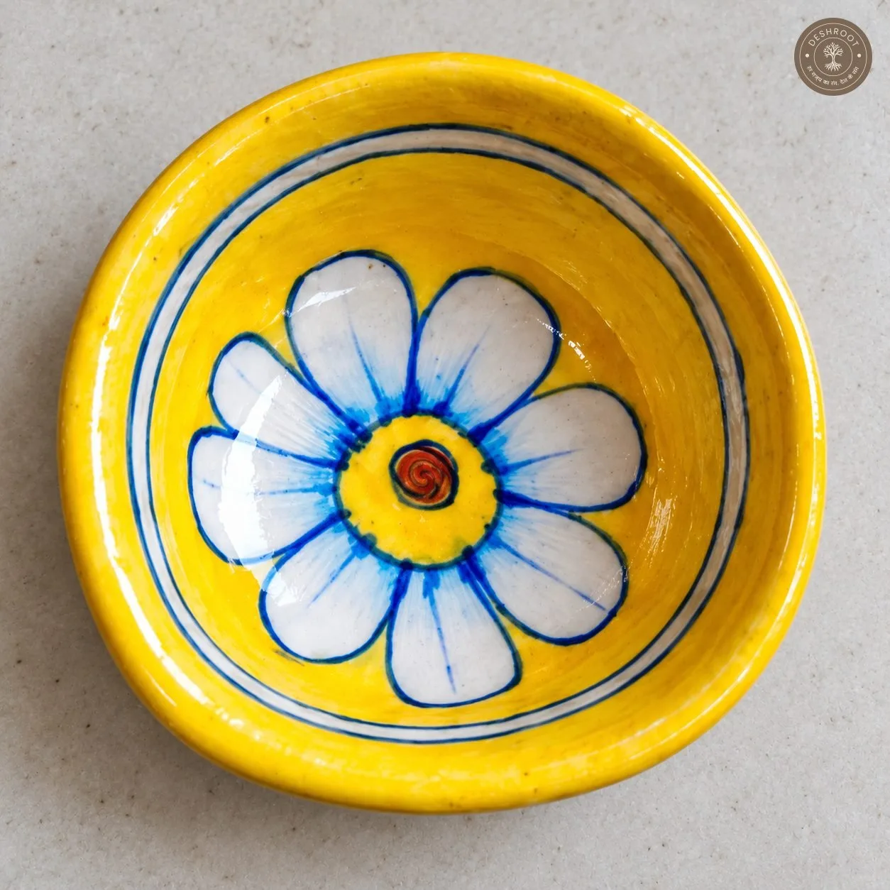 Handcrafted Ceramic Diya Set of 6 – Multicolour Floral Painted Clay Oil Lamps in Blue and Yellow