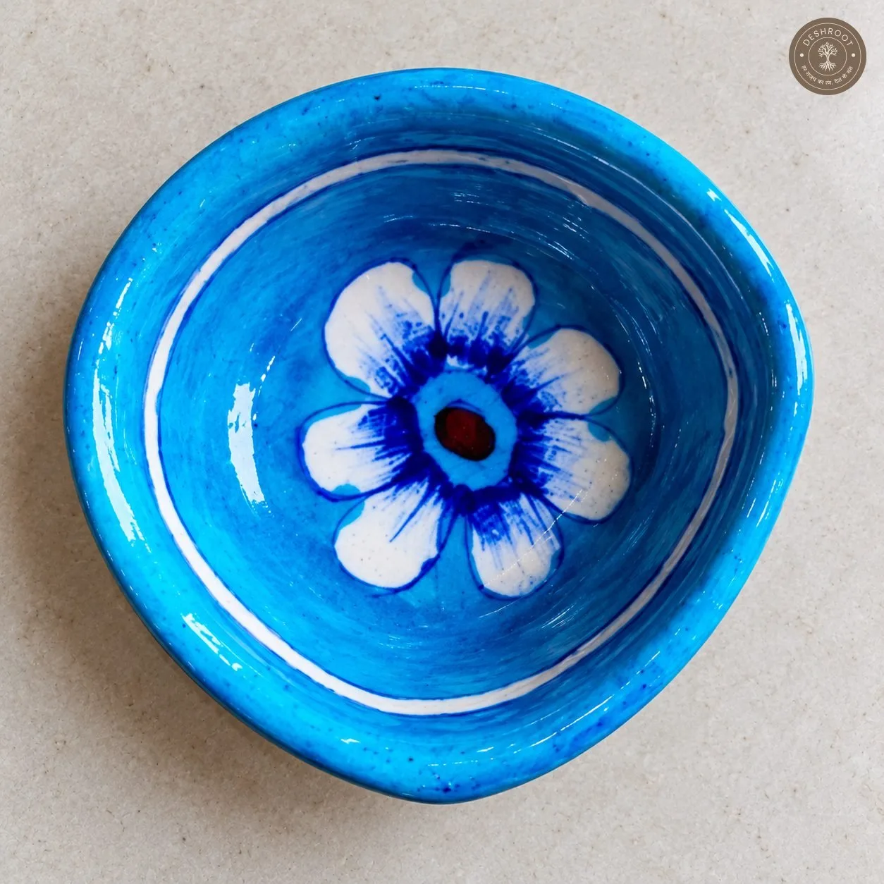 Handcrafted Ceramic Diya Set of 6 – Multicolour Floral Painted Clay Oil Lamps in Blue and Yellow