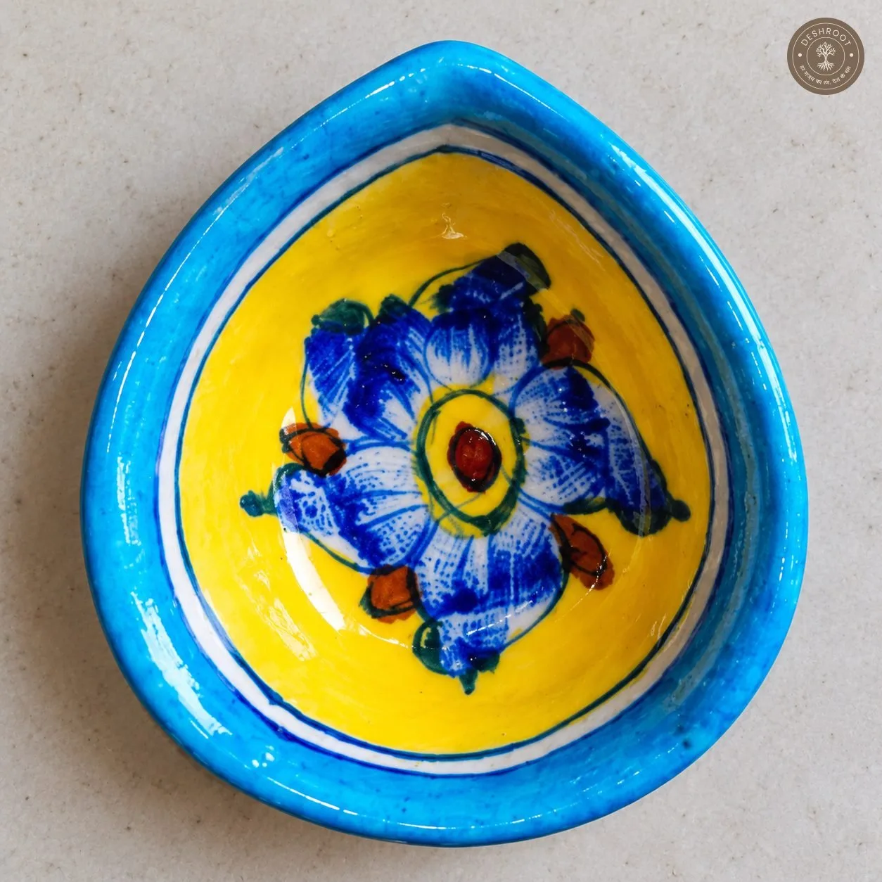 Handcrafted Ceramic Diya Set of 6 – Multicolour Floral Painted Clay Oil Lamps in Blue and Yellow