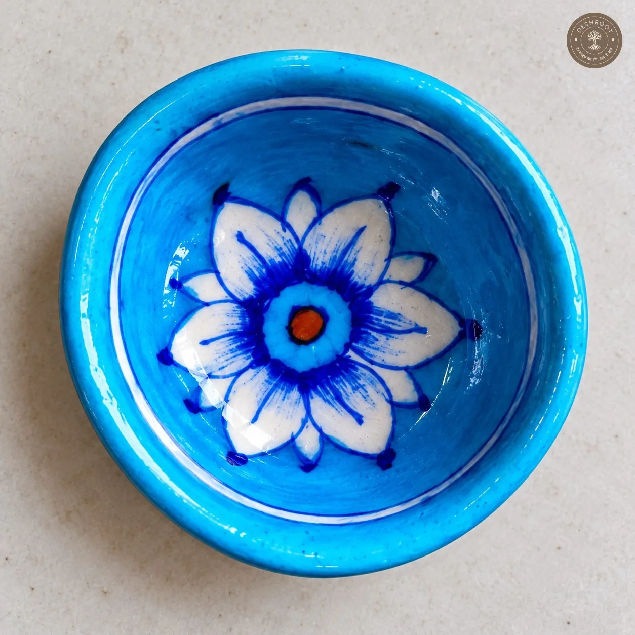 Handcrafted Ceramic Diya Set of 6 – Multicolour Floral Painted Clay Oil Lamps in Blue and Yellow
