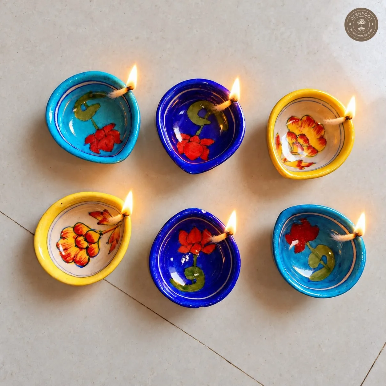 Handcrafted Floral Ceramic Diya Set of 6 – Multicolour Hand-Painted Flower Design Oil Lamps in Blue and Yellow for Diwali