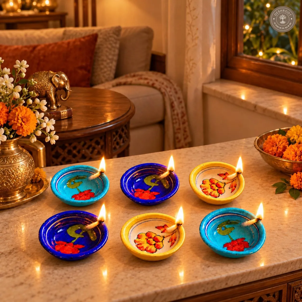 Handcrafted Floral Ceramic Diya Set of 6 – Multicolour Hand-Painted Flower Design Oil Lamps in Blue and Yellow for Diwali