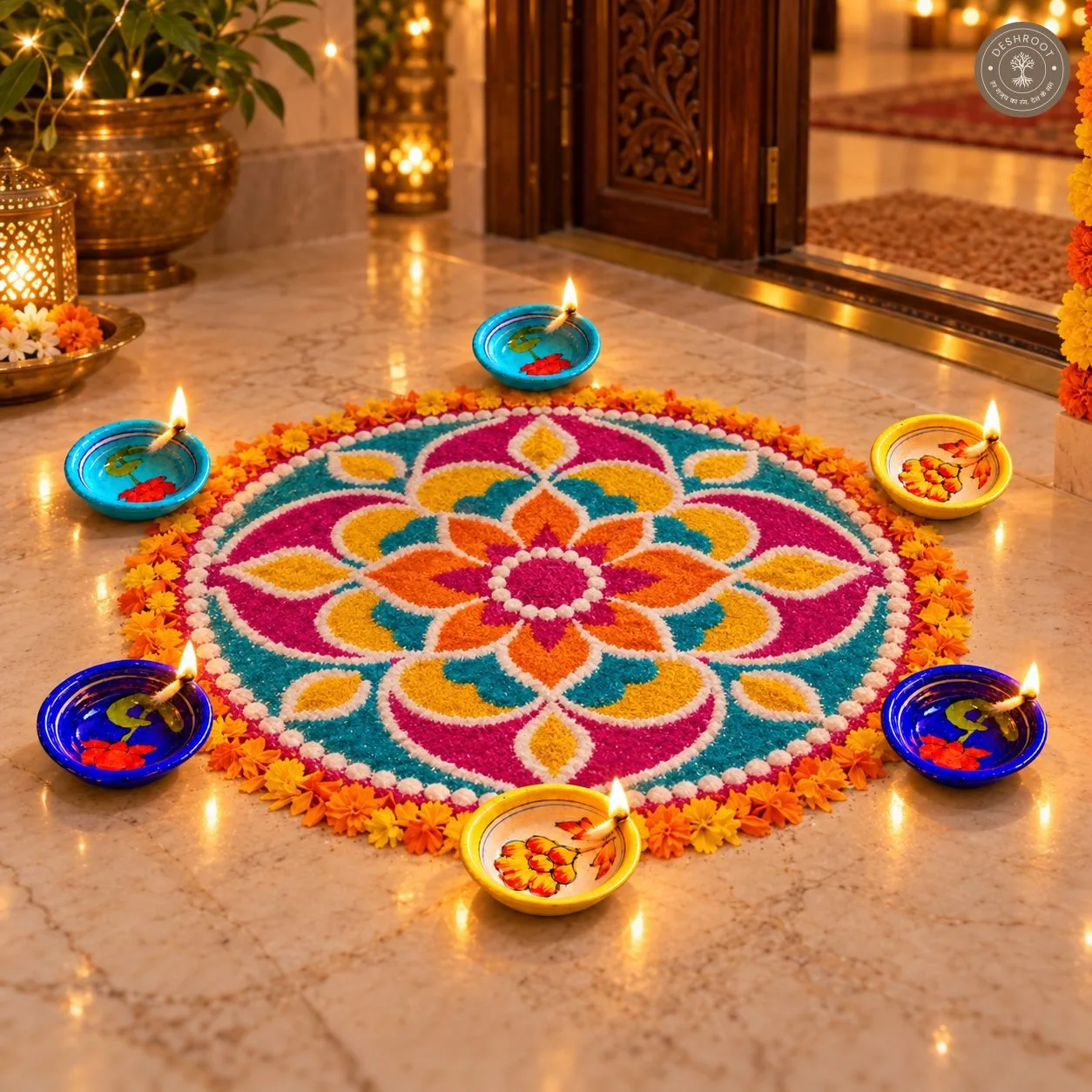 Handcrafted Floral Ceramic Diya Set of 6 – Multicolour Hand-Painted Flower Design Oil Lamps in Blue and Yellow for Diwali
