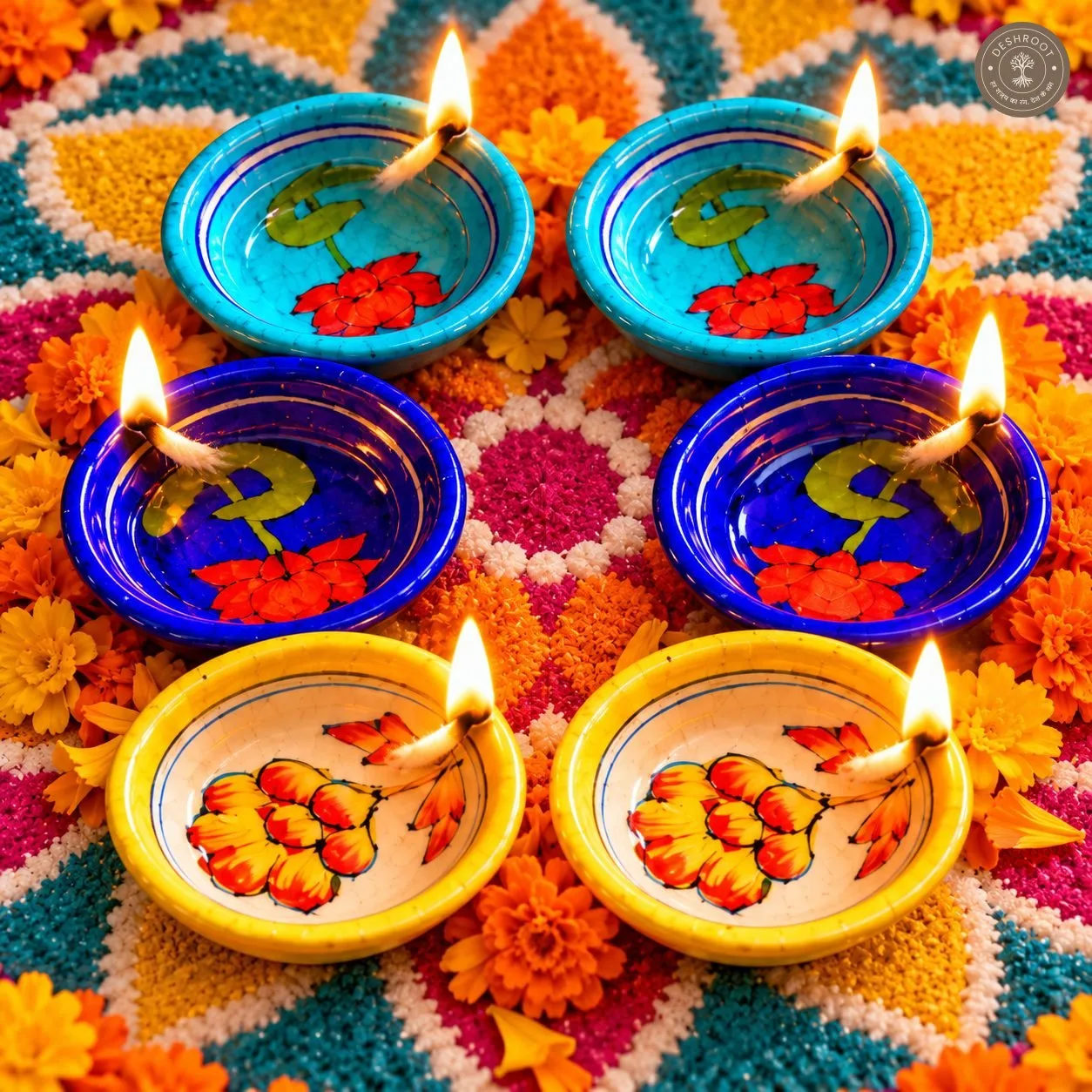 Handcrafted Floral Ceramic Diya Set of 6 – Multicolour Hand-Painted Flower Design Oil Lamps in Blue and Yellow for Diwali