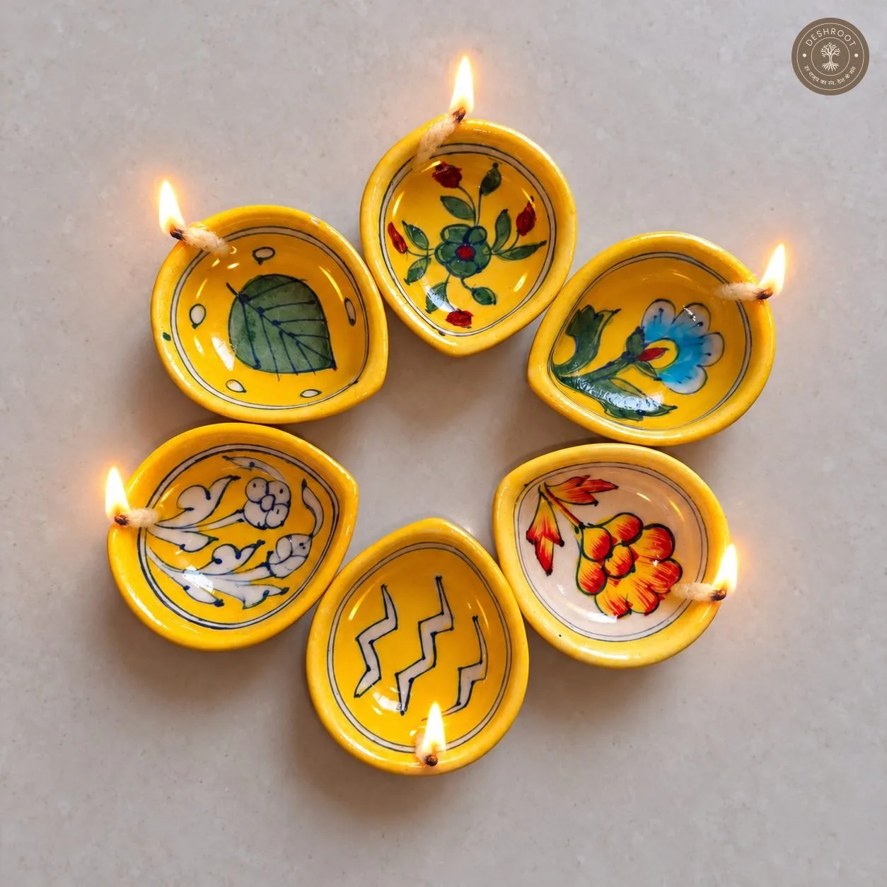 Handcrafted Yellow Ceramic Diya Set of 6 – Multicolour Floral and Botanical Hand-Painted Oil Lamps