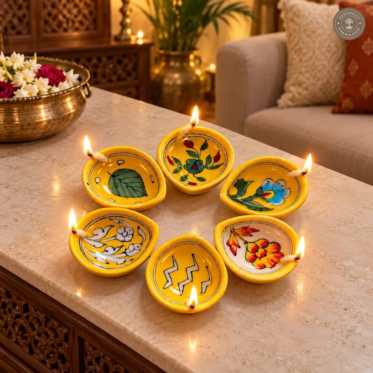 Handcrafted Yellow Ceramic Diya Set of 6 – Multicolour Floral and Botanical Hand-Painted Oil Lamps