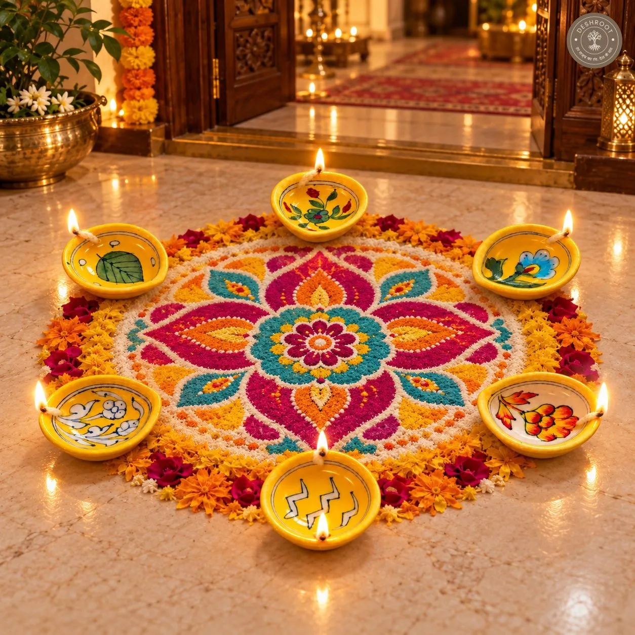 Handcrafted Yellow Ceramic Diya Set of 6 – Multicolour Floral and Botanical Hand-Painted Oil Lamps