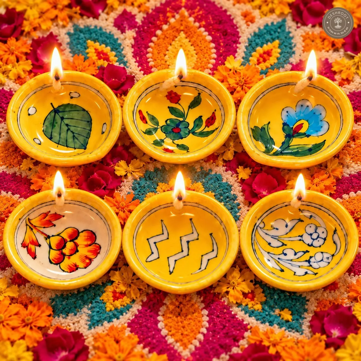 Handcrafted Yellow Ceramic Diya Set of 6 – Multicolour Floral and Botanical Hand-Painted Oil Lamps